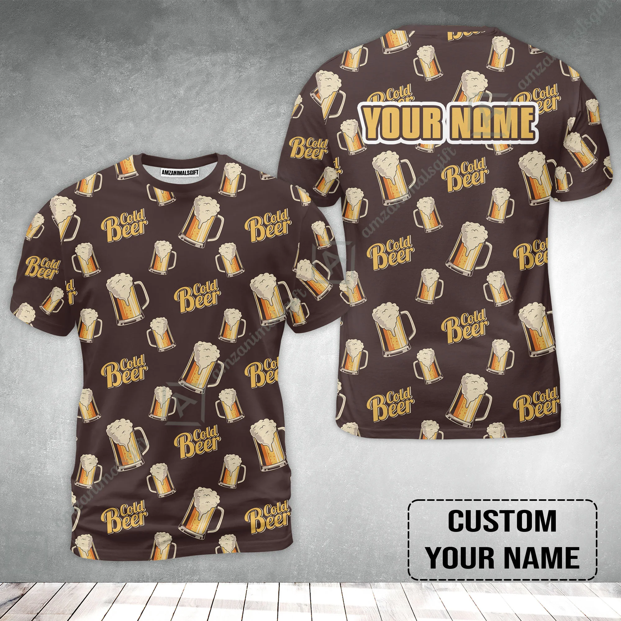 Custom Brown Cold Beer Pattern Design Oktoberfest Beer Festival Performance T-Shirt - Image 2