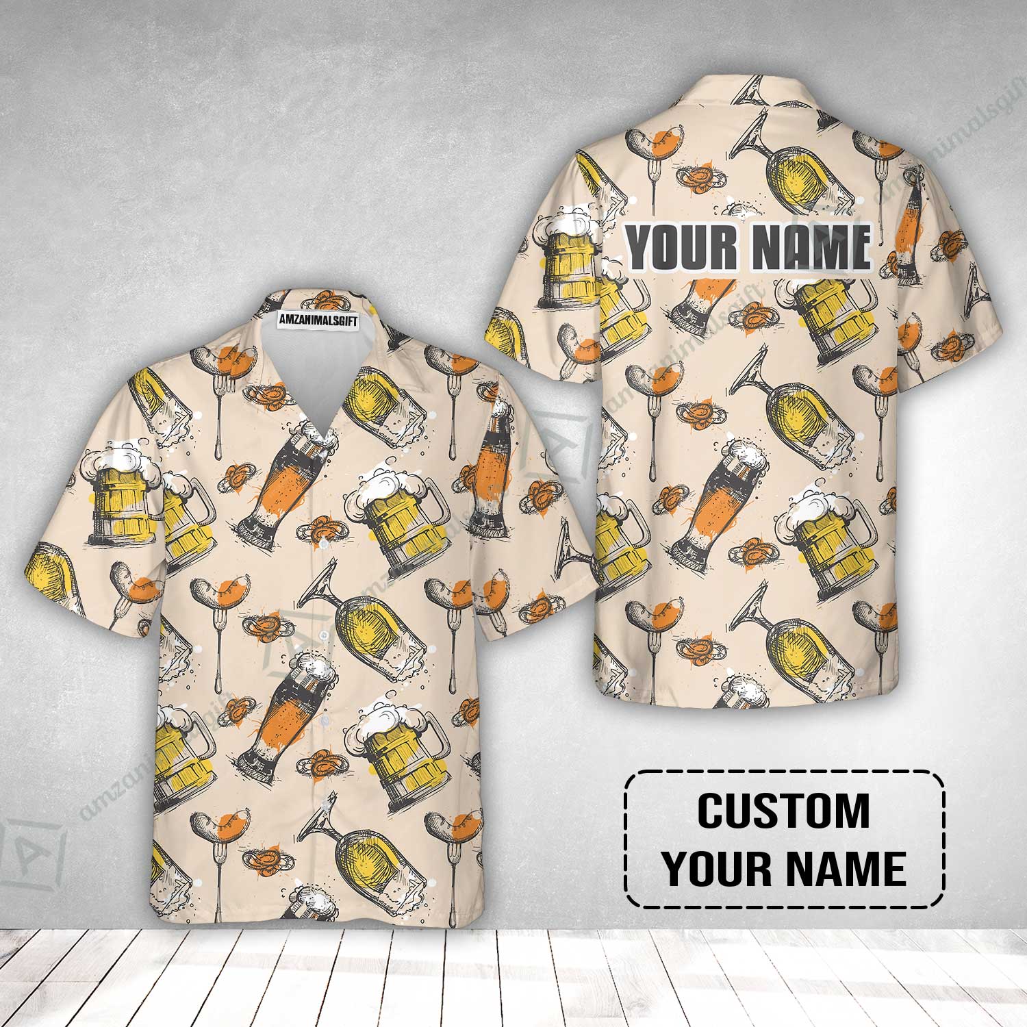 Custom Cream Black Beer Pattern Design Oktoberfest Beer Festival Performance Hawaiian Shirt - Image 2