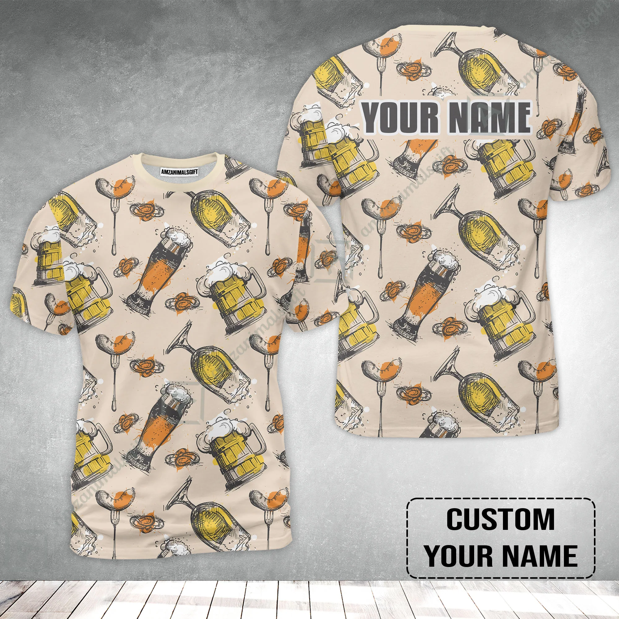 Custom Cream Black Beer Pattern Design Oktoberfest Beer Festival Performance T-Shirt - Image 2