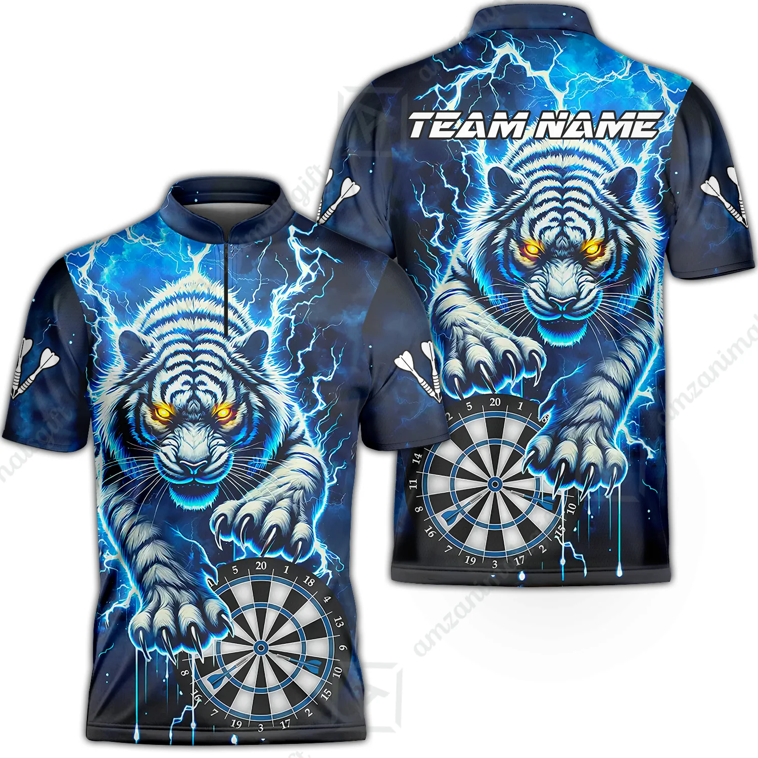 Custom Darts Team Jersey, Thunder Lightning Tiger Darts Jersey Polo Quarter-Zip Shirts, Custom Name And Team Name Darts Uniforms Jersey