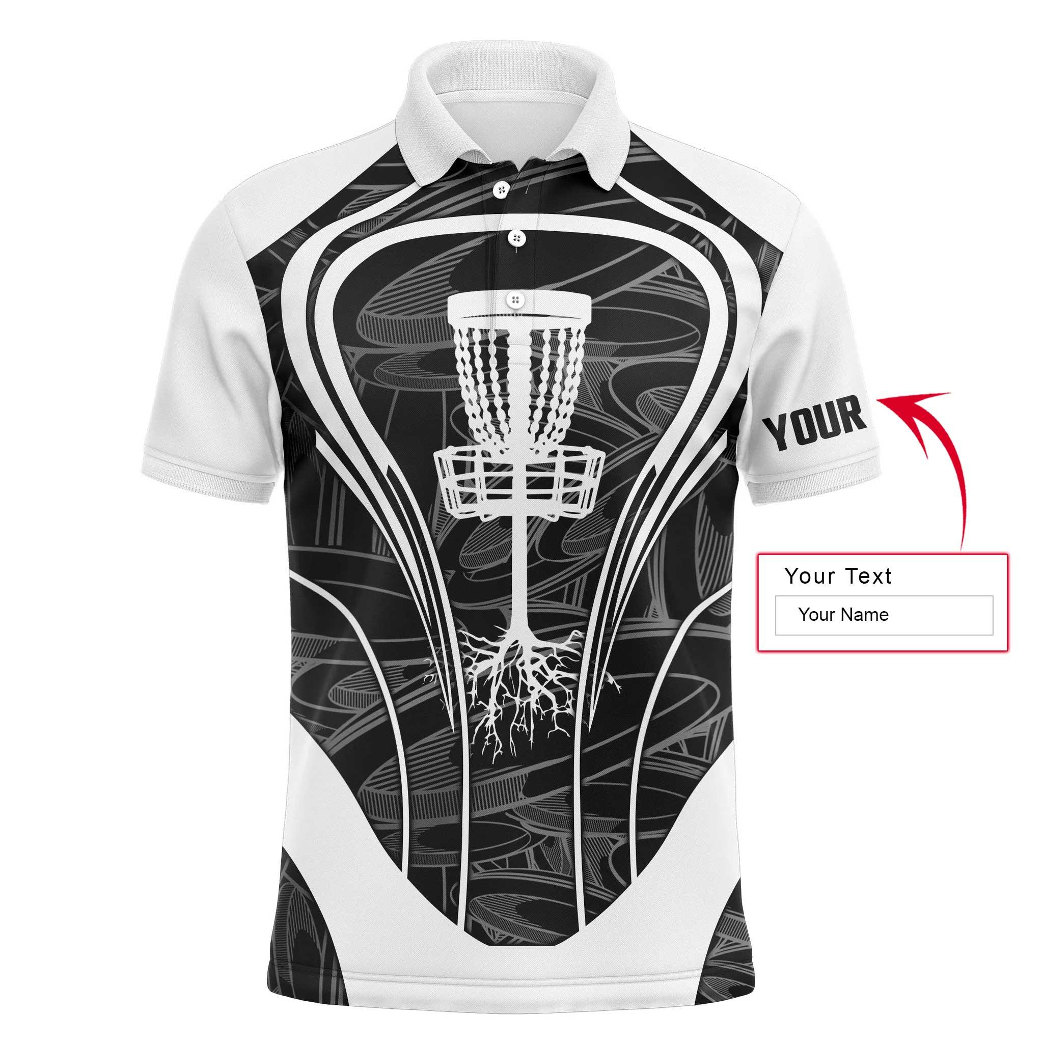 Custom Disc Golf Long Sleeve Men Polo Shirt -  Black And White Disc Golf Basket Custom Name Apparel - Personalized Gift For Disc Golf Lover, Family - Image 3