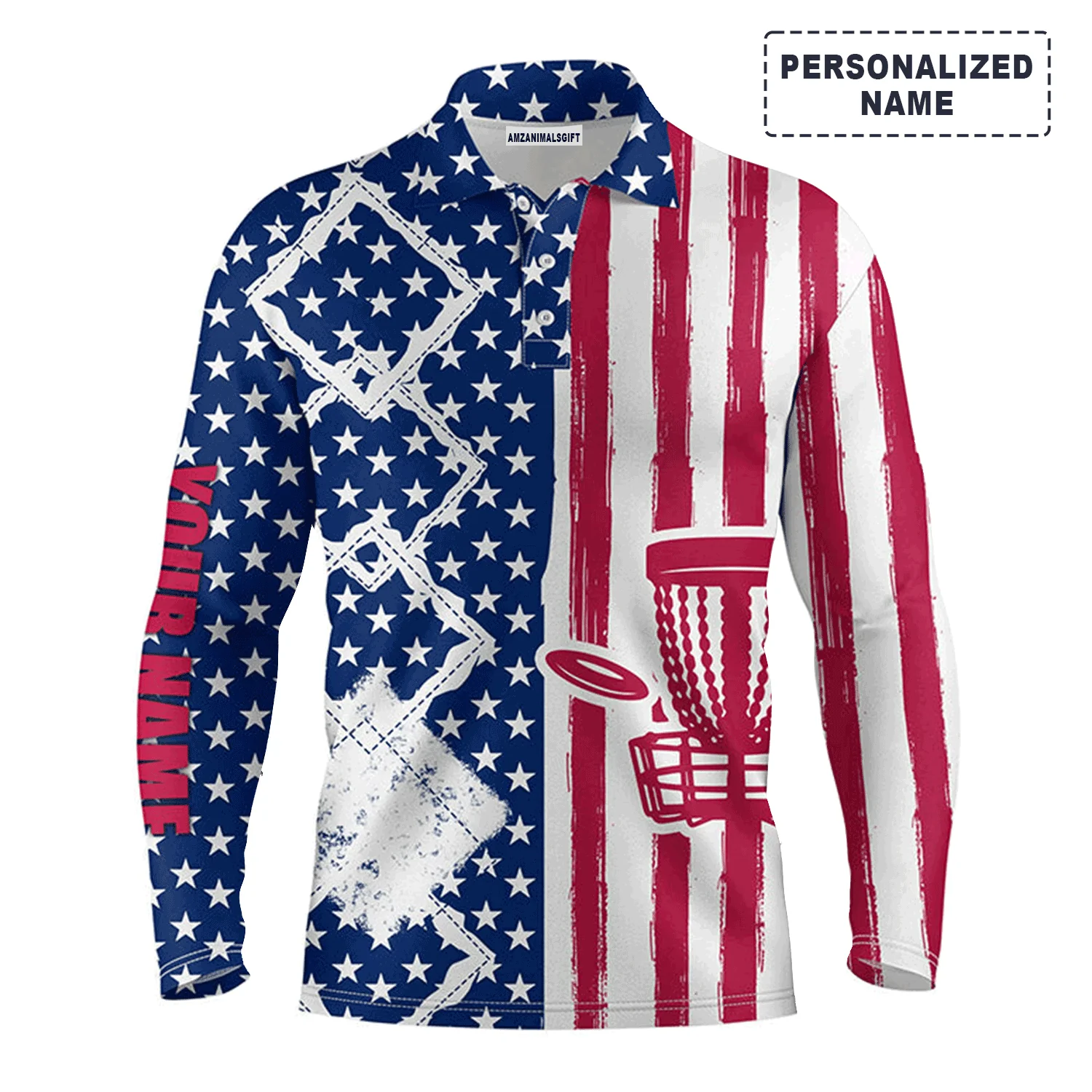 Custom Disc Golf Long Sleeve Men Polo Shirt- Custom Name American Flag Disc Golf Basket Apparel Men Polo Shirt For Disc Golf Lover - Image 2