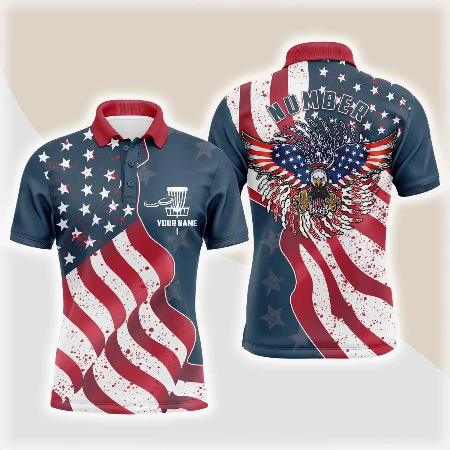 Custom Disc Golf Long Sleeve Men Polo Shirt - Custom Name And Number Eagle American Flag Men Polo Shirt For Men, Disc Golf Lover - Image 3