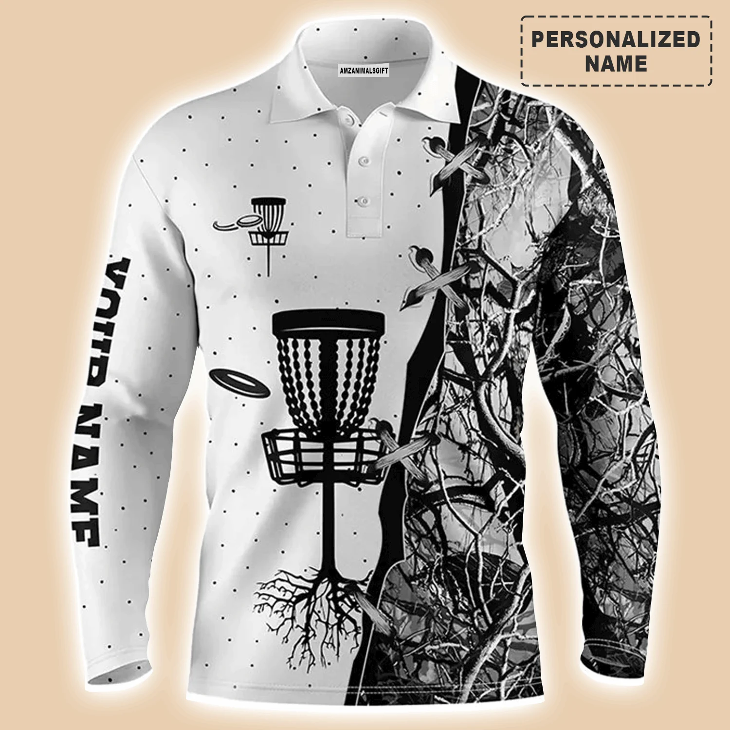 Custom Disc Golf Long Sleeve Men Polo Shirt - Custom Name Blue Black Camo Disc Golf Basket Apparel Men Polo Shirt For Men, Disc Golf Lover - Image 2