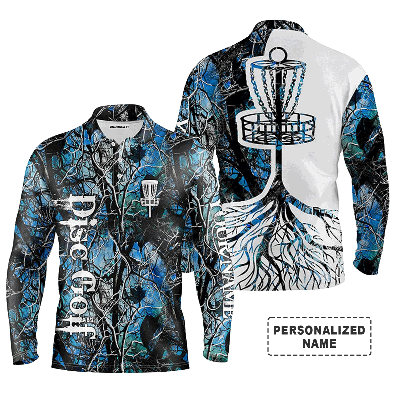 Custom Disc Golf Long Sleeve Men Polo Shirt - Custom Name Blue Camo Disc Golf Basket Apparel - Personalized Gift For Men, Disc Golf Lover - Image 2