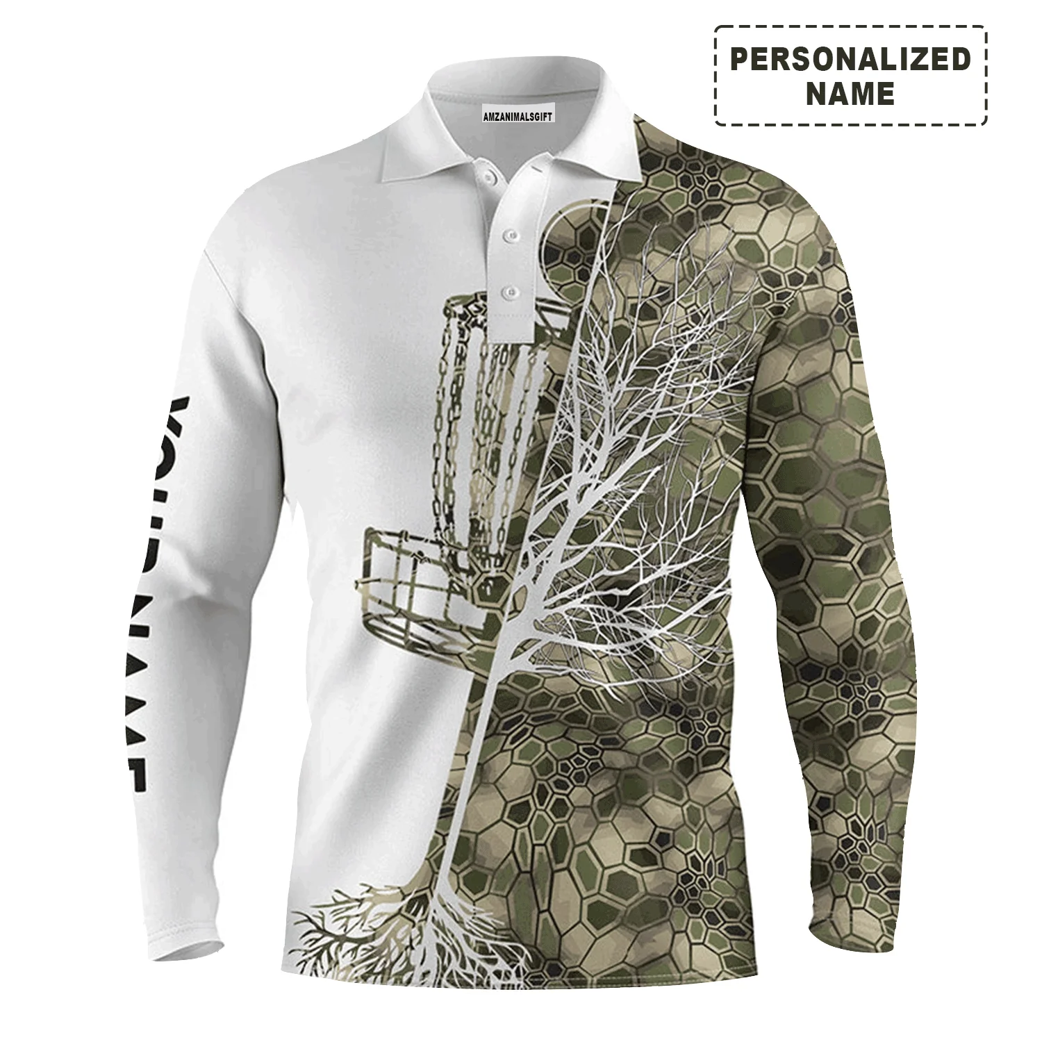Custom Disc Golf Long Sleeve Men Polo Shirt - Funny Custom Name Green Camo Disc Golf Basket -Personalized Gift For Disc Golf Lover - Image 2