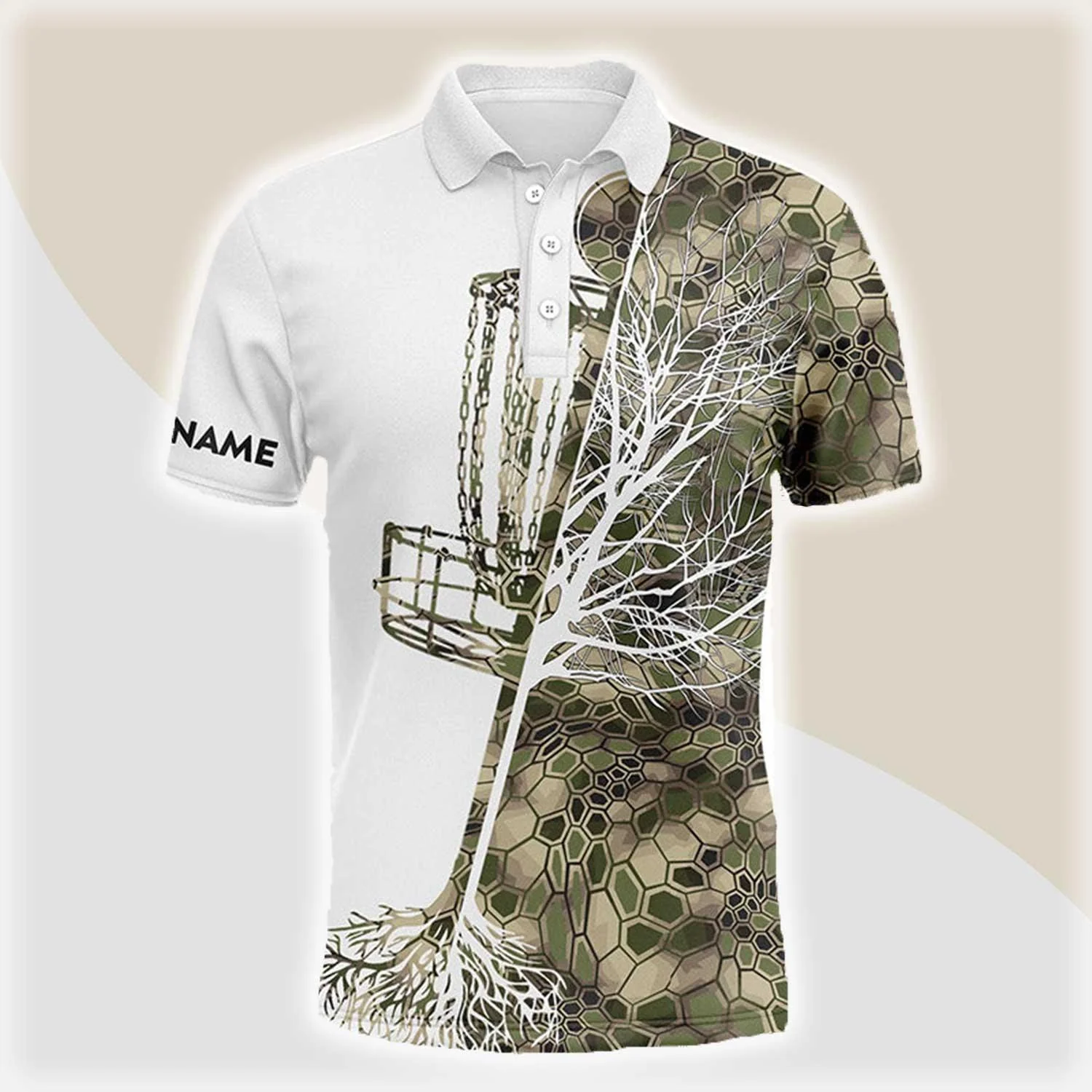 Custom Disc Golf Long Sleeve Men Polo Shirt - Funny Custom Name Green Camo Disc Golf Basket -Personalized Gift For Disc Golf Lover - Image 3