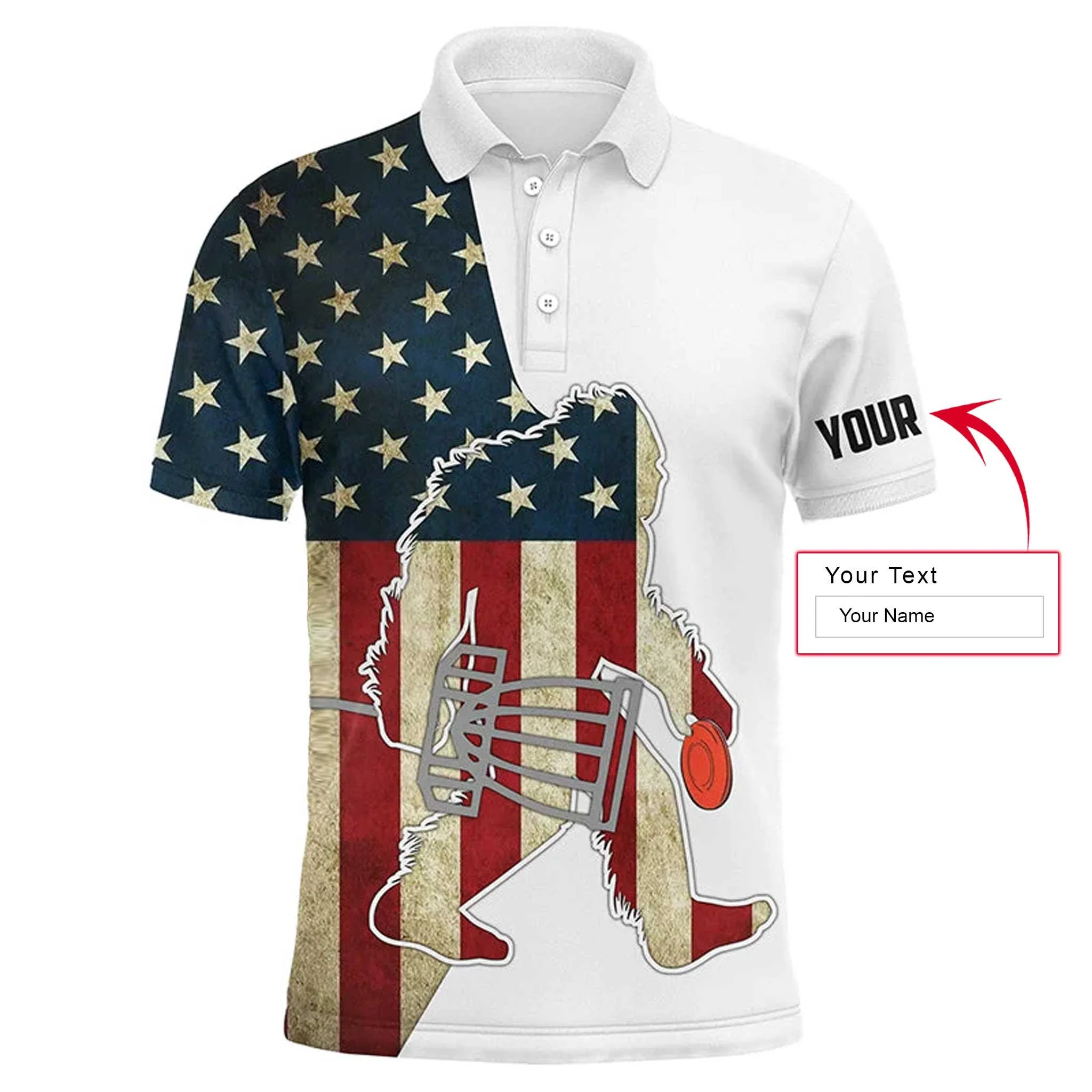 Custom Disc Golf Men Polo Shirt - Custom Name American Flag Sasquatch Playing Apparel Men Polo Shirt - Perfect Polo Shirt For Men, Disc Golf Lover