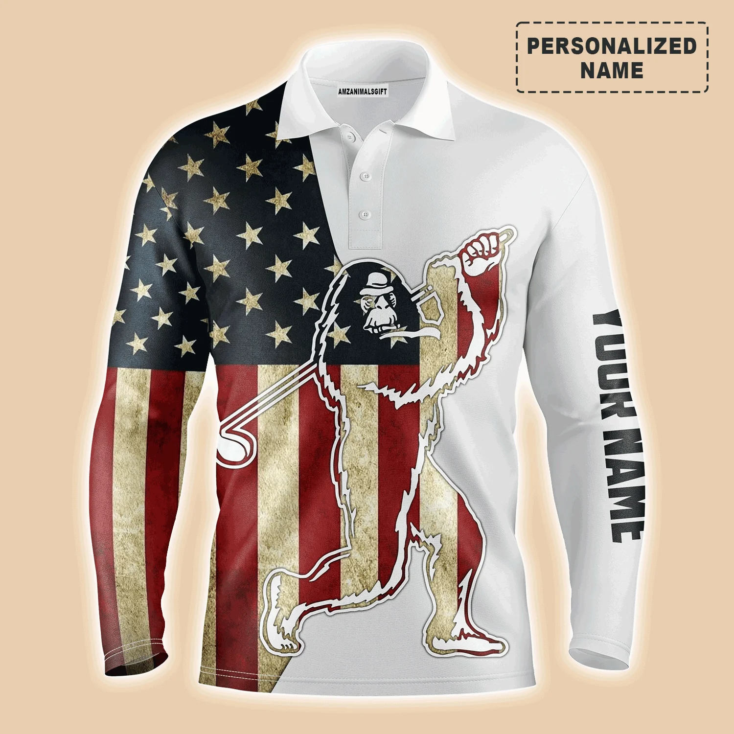 Custom Disc Golf Men Polo Shirt - Custom Name American Flag Sasquatch Playing Apparel Men Polo Shirt - Perfect Polo Shirt For Men, Disc Golf Lover - Image 2
