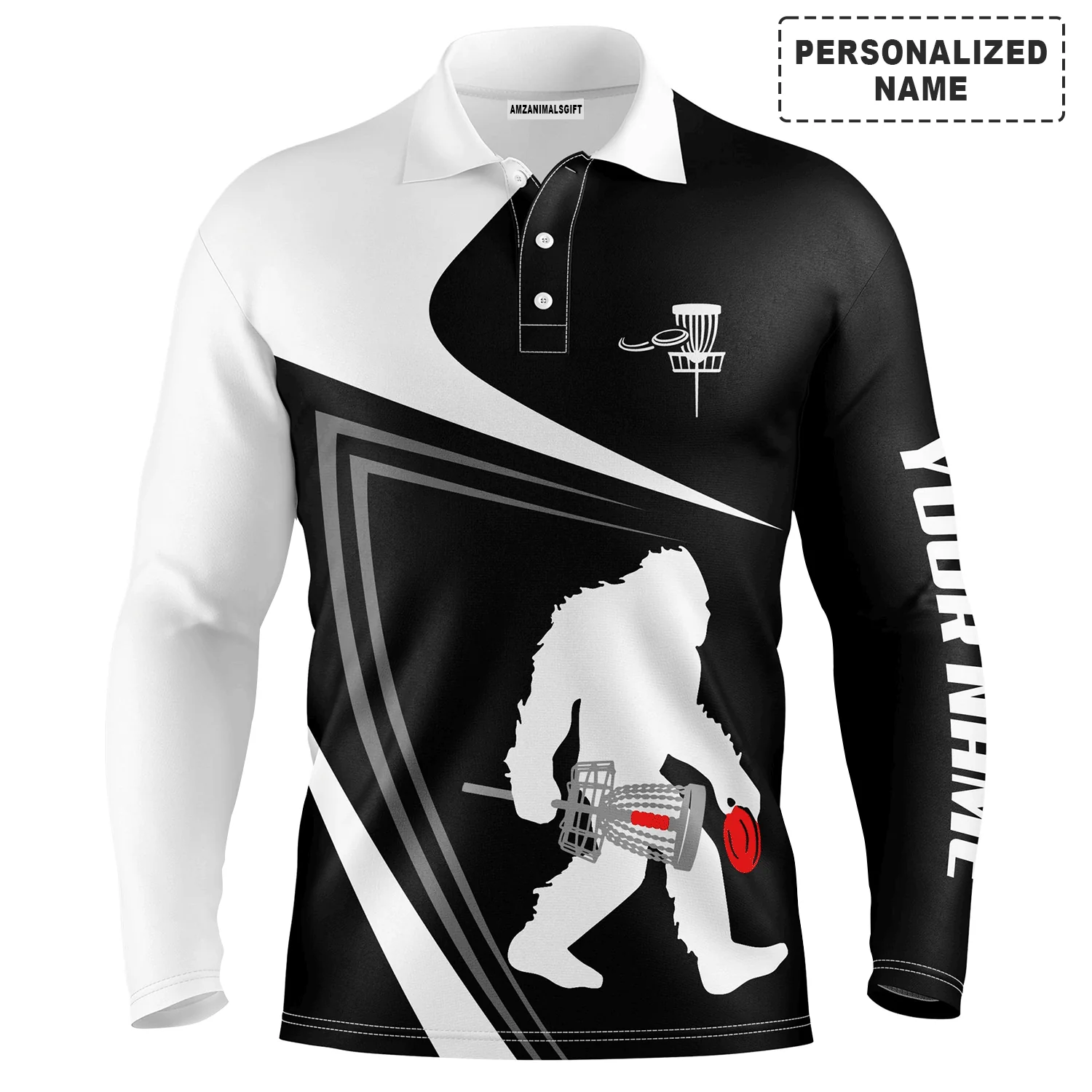 Custom Disc Golf Men Polo Shirt - Custom Name Black And White Bigfoot Sasquatch Funny Apparel Men Polo Shirt - Perfect Polo Shirt For Men, Disc Golf Lover - Image 2