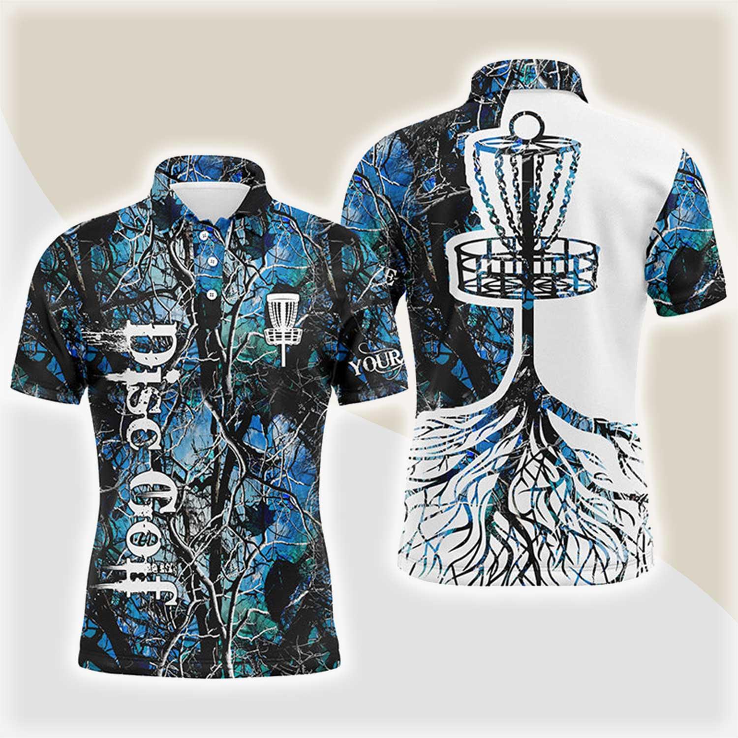 Custom Disc Golf Men Polo Shirt - Custom Name Blue Camo Disc Golf Basket Apparel - Personalized Gift For Disc Golf Lover, Men, Husband, Boyfriend, Team