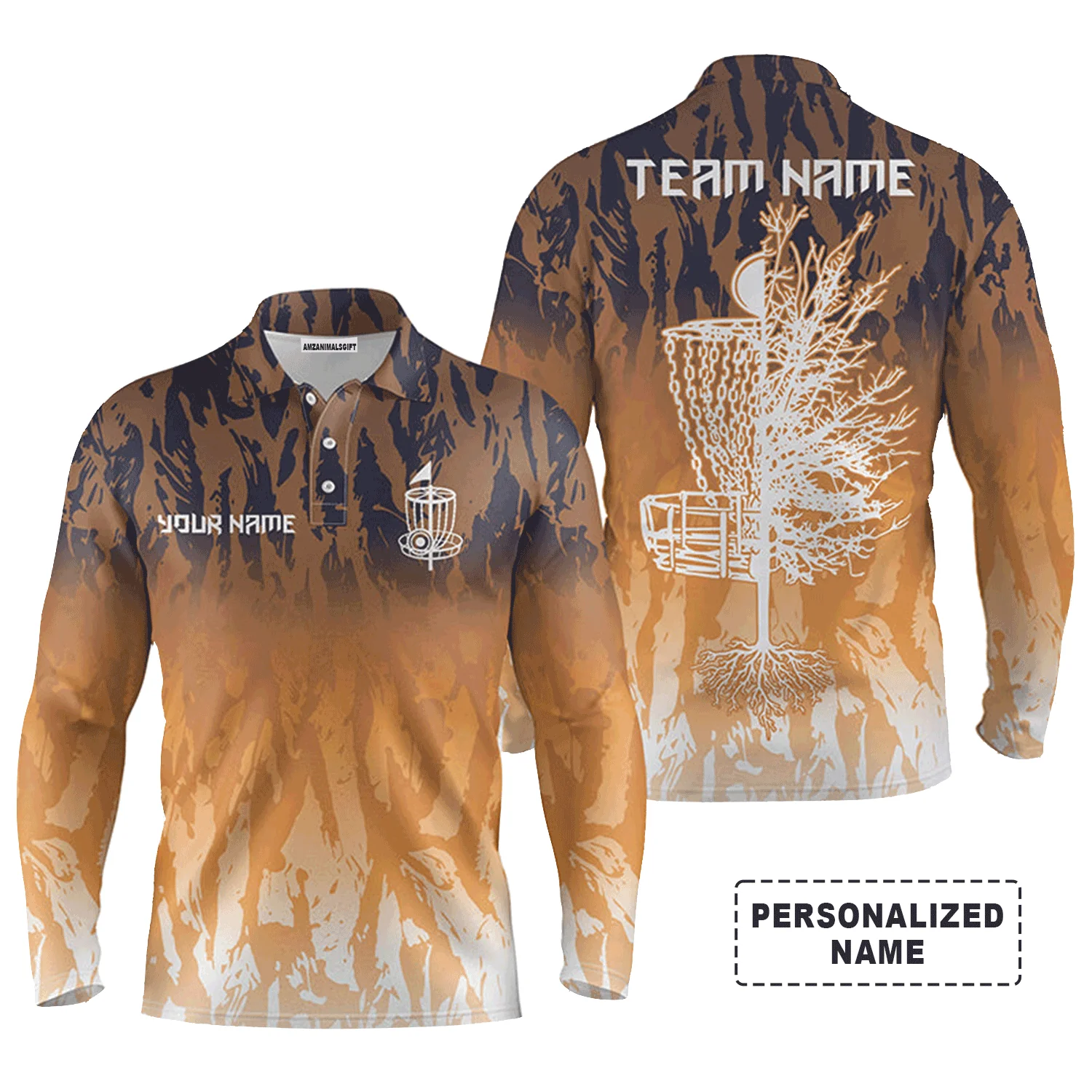 Custom Disc Golf Men Polo Shirt - Custom Name Orange Camo Disc Golf Basket Apparel - Personalized Gift For Disc Golf Lover, Male, Husband, Team - Image 3