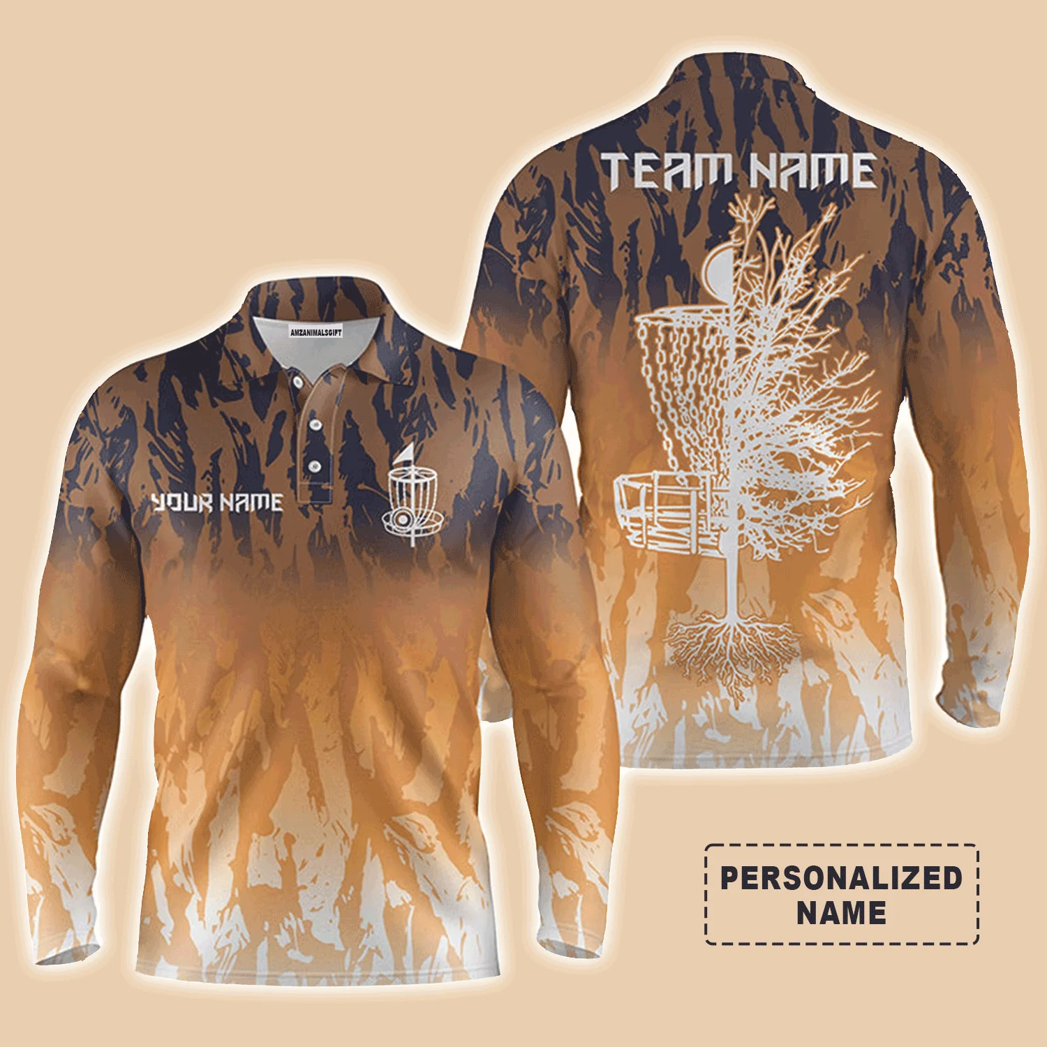 Custom Disc Golf Men Polo Shirt - Custom Name Orange Camo Disc Golf Basket Apparel - Personalized Gift For Disc Golf Lover, Male, Husband, Team - Image 4