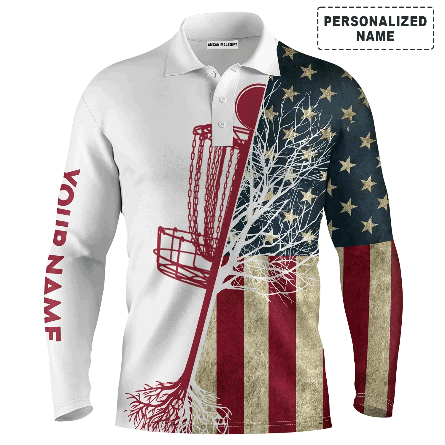 Custom Disc Golf Men Polo Shirt - Custom Name Vintage American Flag Disc Golf Basket Apparel - Personalized Sports Gift For Golf Lover, Male, Husband - Image 2