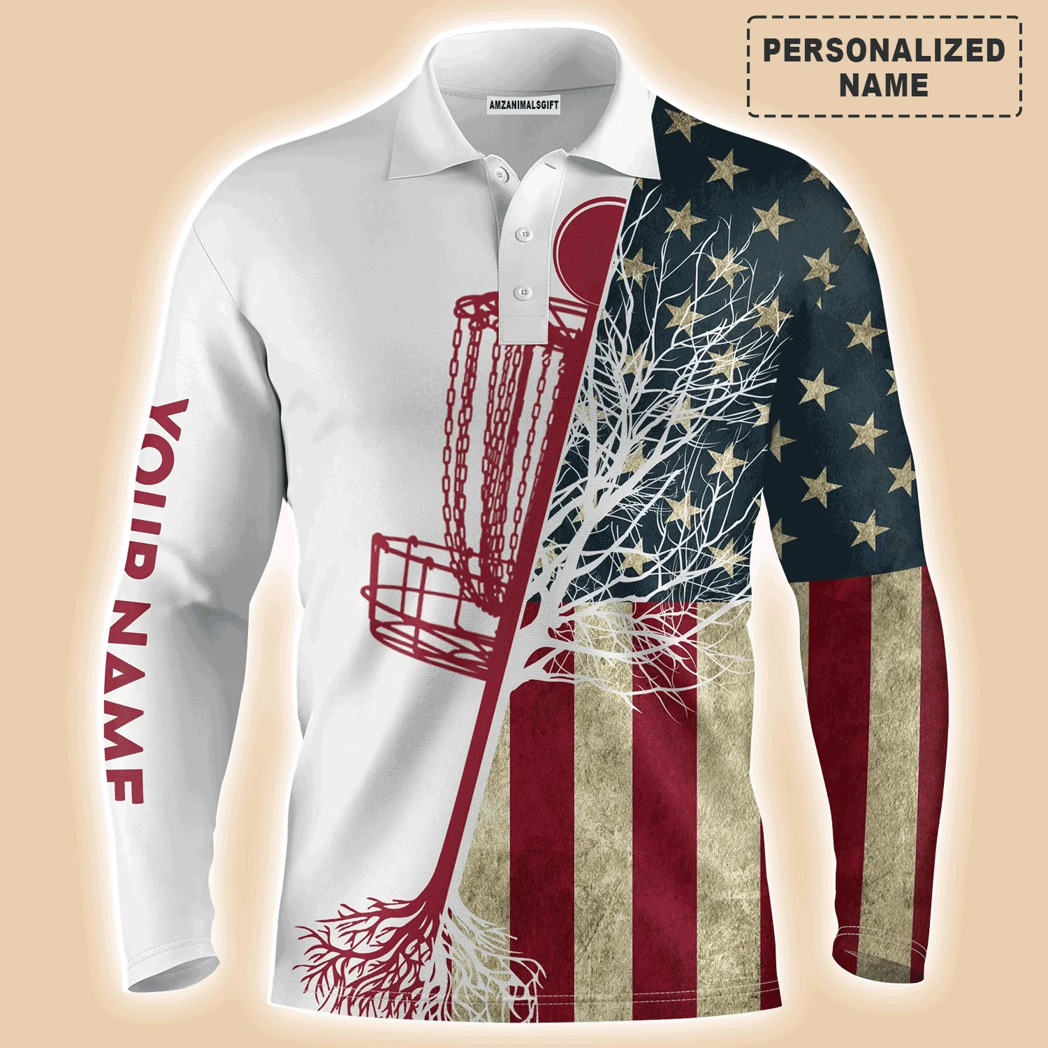 Custom Disc Golf Men Polo Shirt - Custom Name Vintage American Flag Disc Golf Basket Apparel - Personalized Sports Gift For Golf Lover, Male, Husband - Image 3