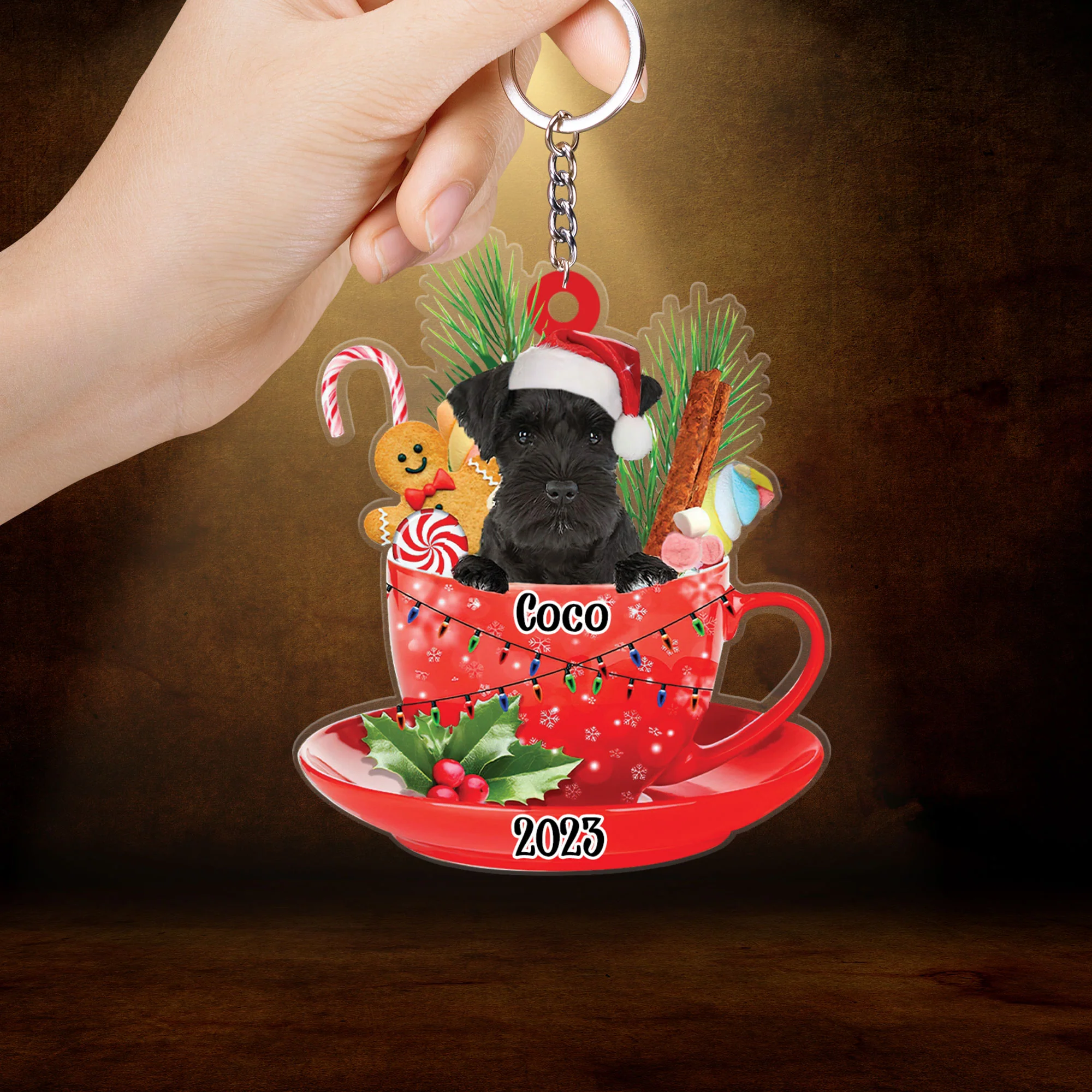 Custom Dog Acrylic Christmas Keychain, Personalized Black Miniature Schnauzer & Santa Hat In Red Cup Acrylic Keychain for Dog Lover, Christmas, New Year - Image 2