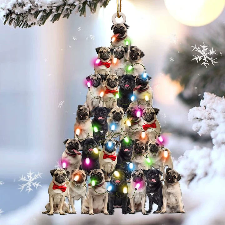 Custom Dog Acrylic Christmas Ornament, Personalized Pug Dog Christmas Tree Shaped Acrylic Ornament for Dog Lover, New Year, Christmas