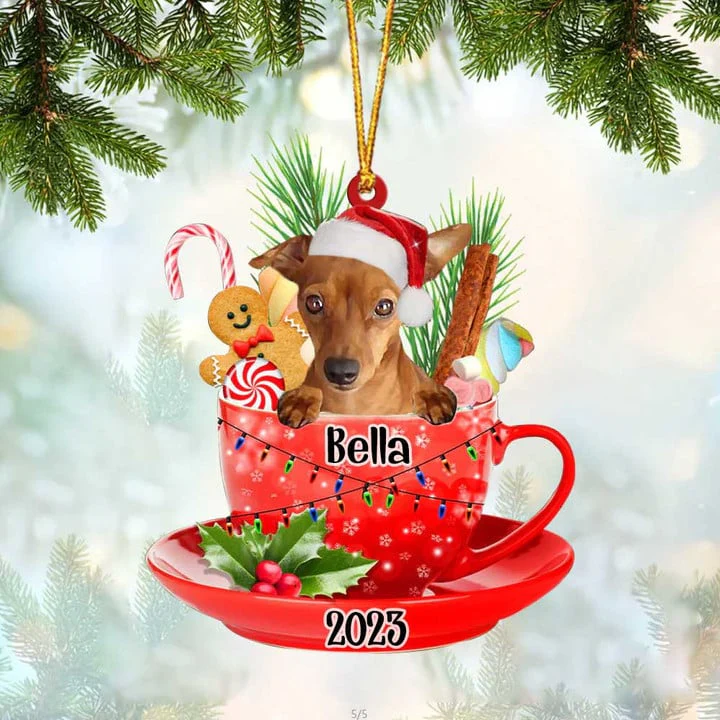 Custom Dog Acrylic Christmas Ornament, Personalized Red Miniature Pinscher & Santa Hat In Red Cup Acrylic Ornament for Dog Lover