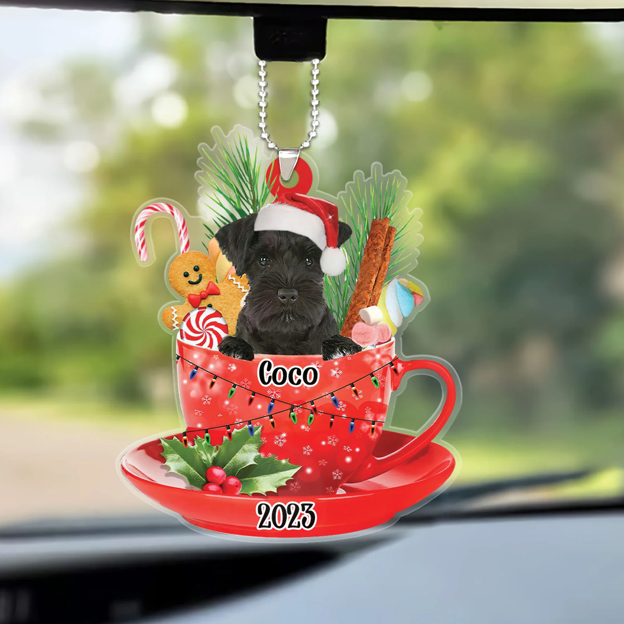 Custom Dog Acrylic Christmas Keychain, Personalized Black Miniature Schnauzer & Santa Hat In Red Cup Acrylic Keychain for Dog Lover, Christmas, New Year - Image 5