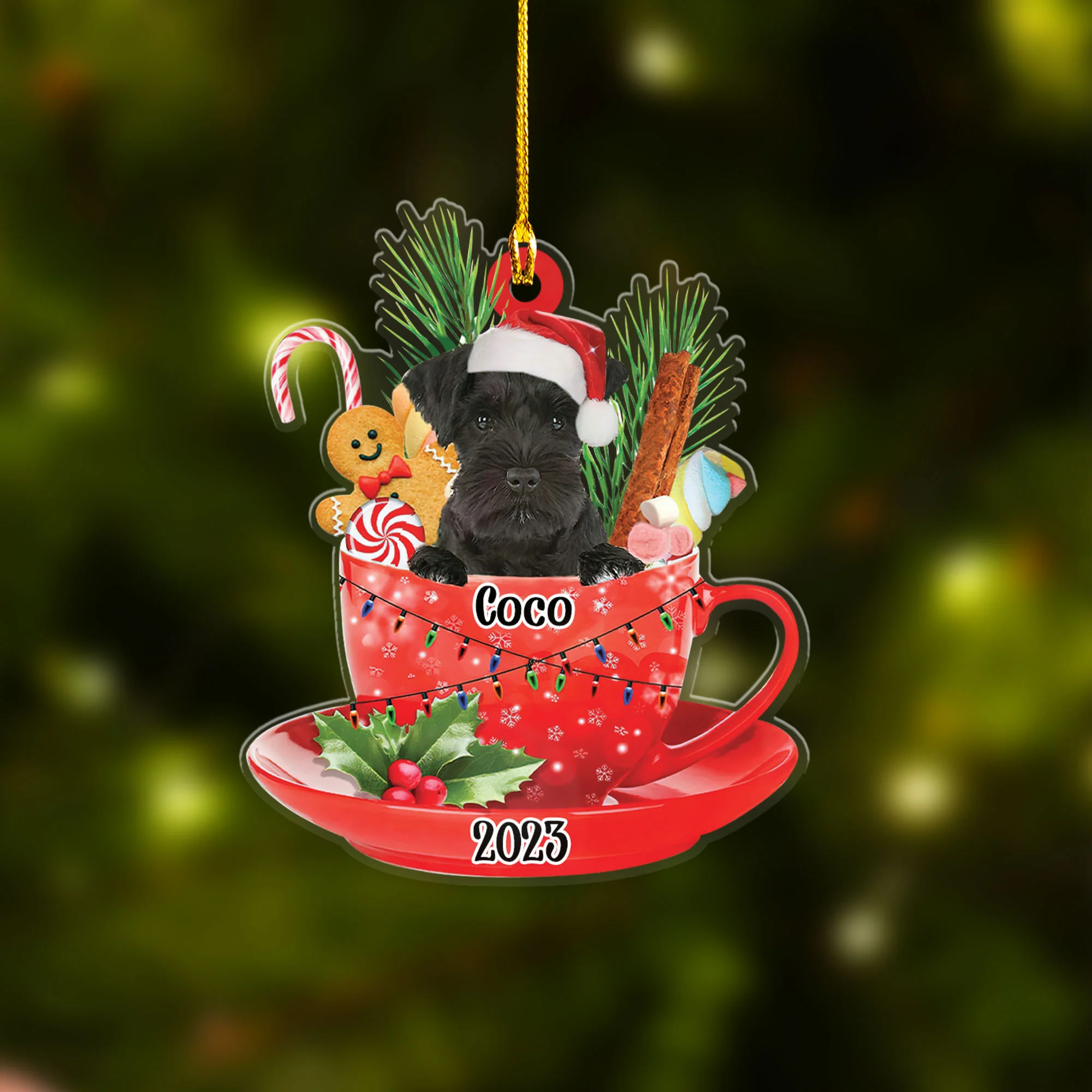 Custom Dog Acrylic Christmas Keychain, Personalized Black Miniature Schnauzer & Santa Hat In Red Cup Acrylic Keychain for Dog Lover, Christmas, New Year - Image 3