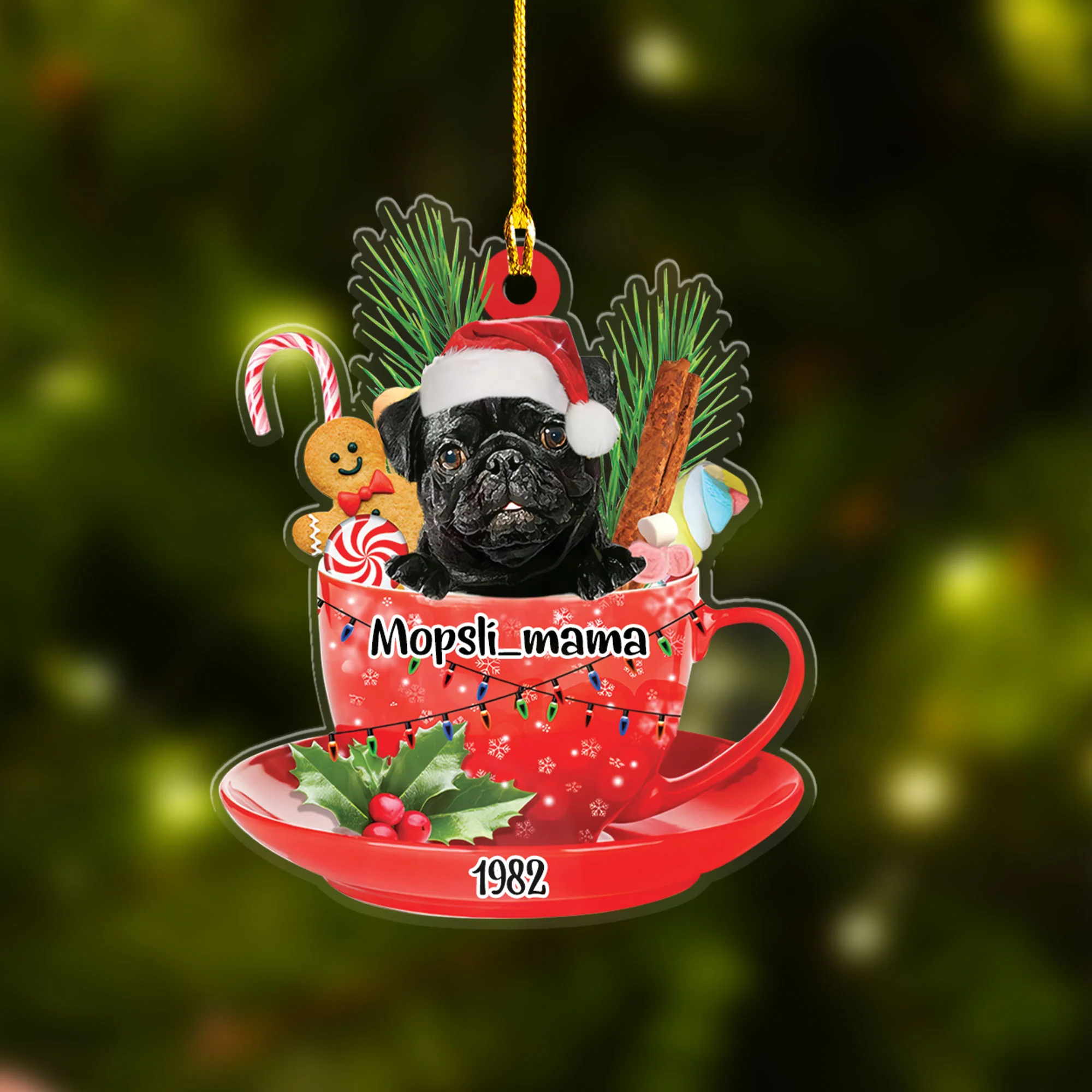 Custom Dog Acrylic Christmas Keychain, Personalized Black Pug In Cup Merry Acrylic Keychain For Dog Lovers, Dog Christmas Gift - Image 3