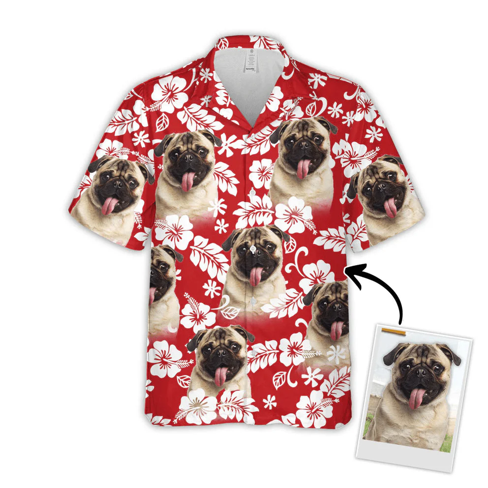 Custom Dog Face Aloha Hawaiian Shirts With Dog Face - Leaves Flowers Pattern Red Color Aloha Shirt - Personalized Hawaiian Shirts & Tops For Men Women - Image 4