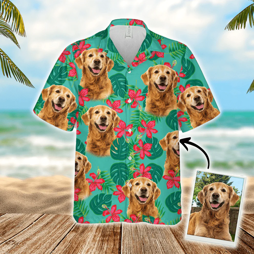 Custom Dog Face Hawaiian Shirt - Leaves & Flowers Pattern Mint Color Aloha Shirt - Personalized Hawaiian Shirt For Men & Women, Dog Lovers