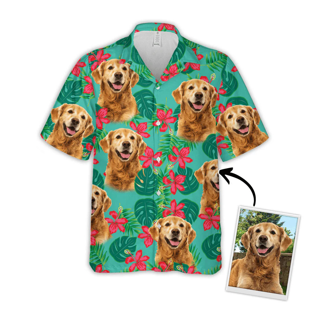 Custom Dog Face Hawaiian Shirt - Leaves & Flowers Pattern Mint Color Aloha Shirt - Personalized Hawaiian Shirt For Men & Women, Dog Lovers - Image 4