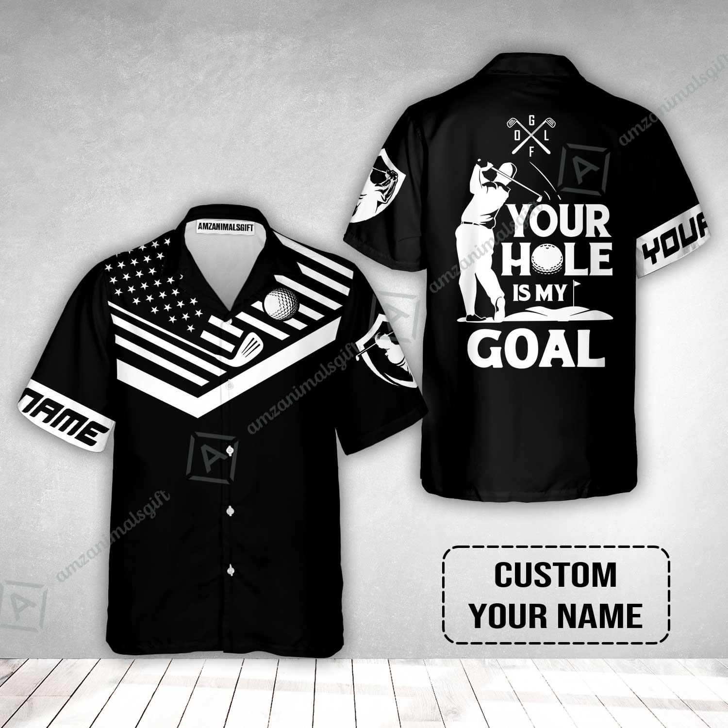 Custom Golf Hawaiian Shirt - Your Hole Is My Goal Custom Name Black American Flag Hawaiian Shirt - Image 2