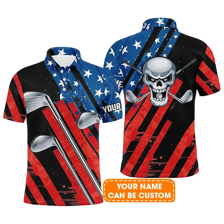 Custom Golf Long Sleeve Men Polo Shirt - American Flag 4th July Skull Golf Clubs Custom Name Apparel - Personalized Gift For Men, Golf Lover - Image 4