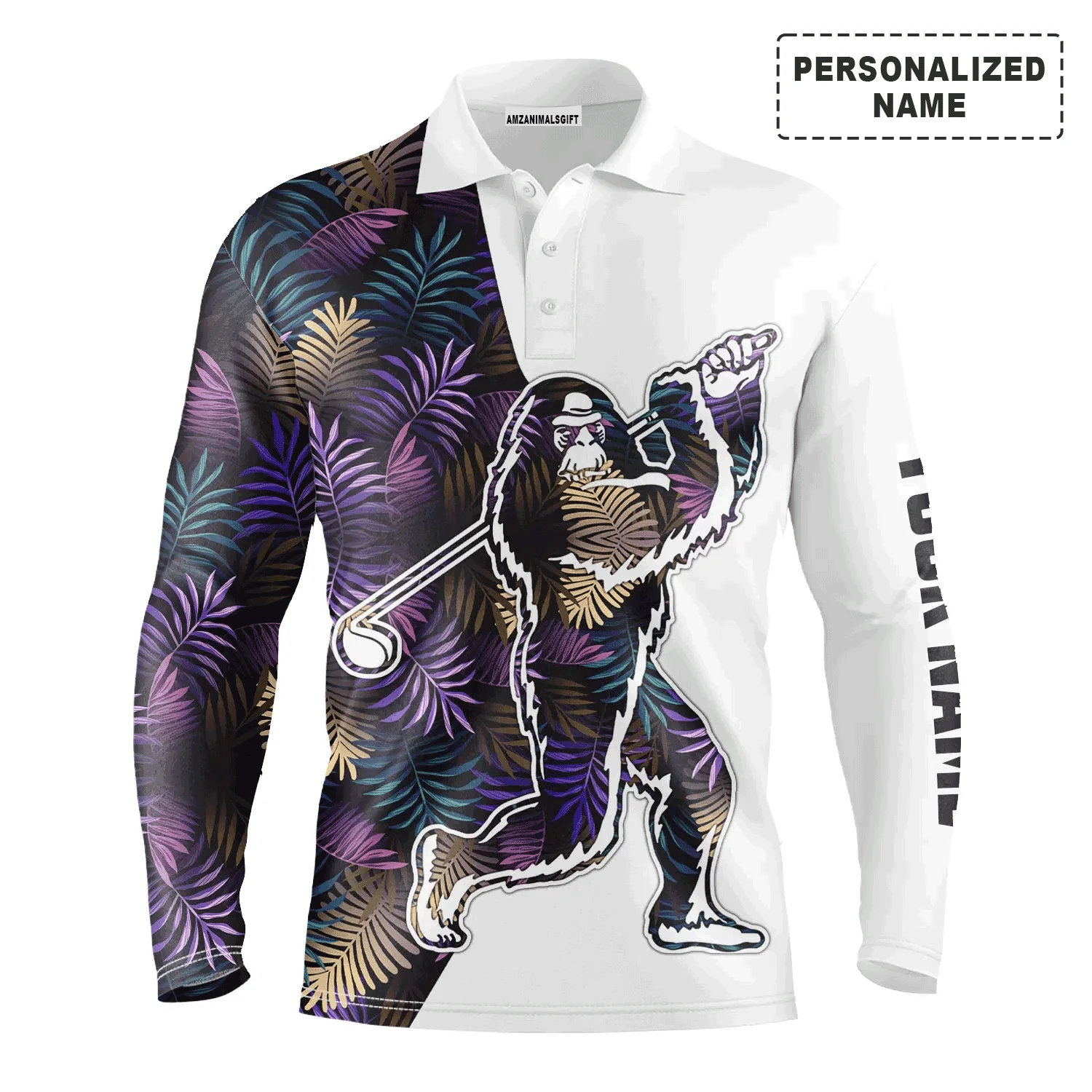 Custom Golf Long Sleeve Men Polo Shirt, Bigfoot Funny Colorful Tropical Leaves Pattern Polo Shirt - Perfect Polo Shirt For Men, Golf Lover - Image 2