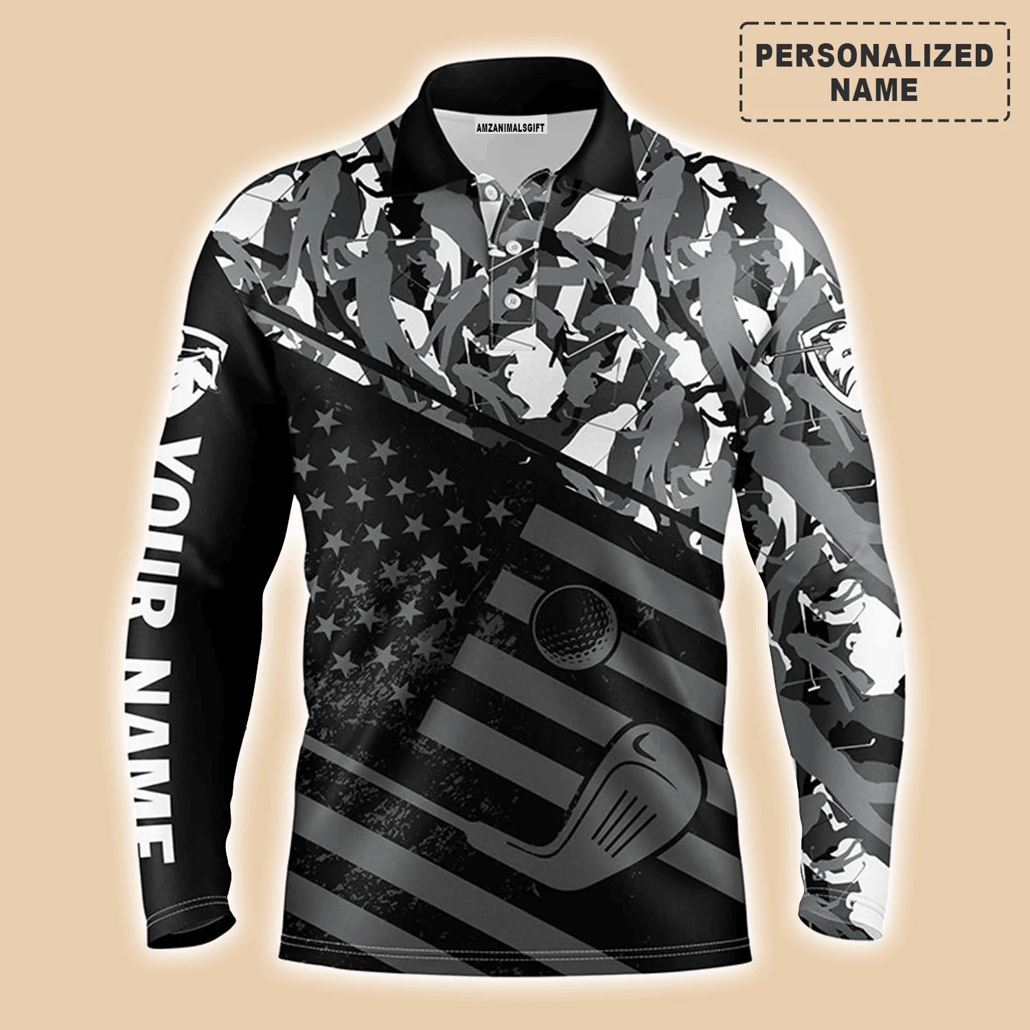 Custom Golf Long Sleeve Men Polo Shirt-Black American Flag Patriotic Camo Pattern Custom Name Apparel-Personalized Gift For Golf Lover, Team, 4th July - Image 3