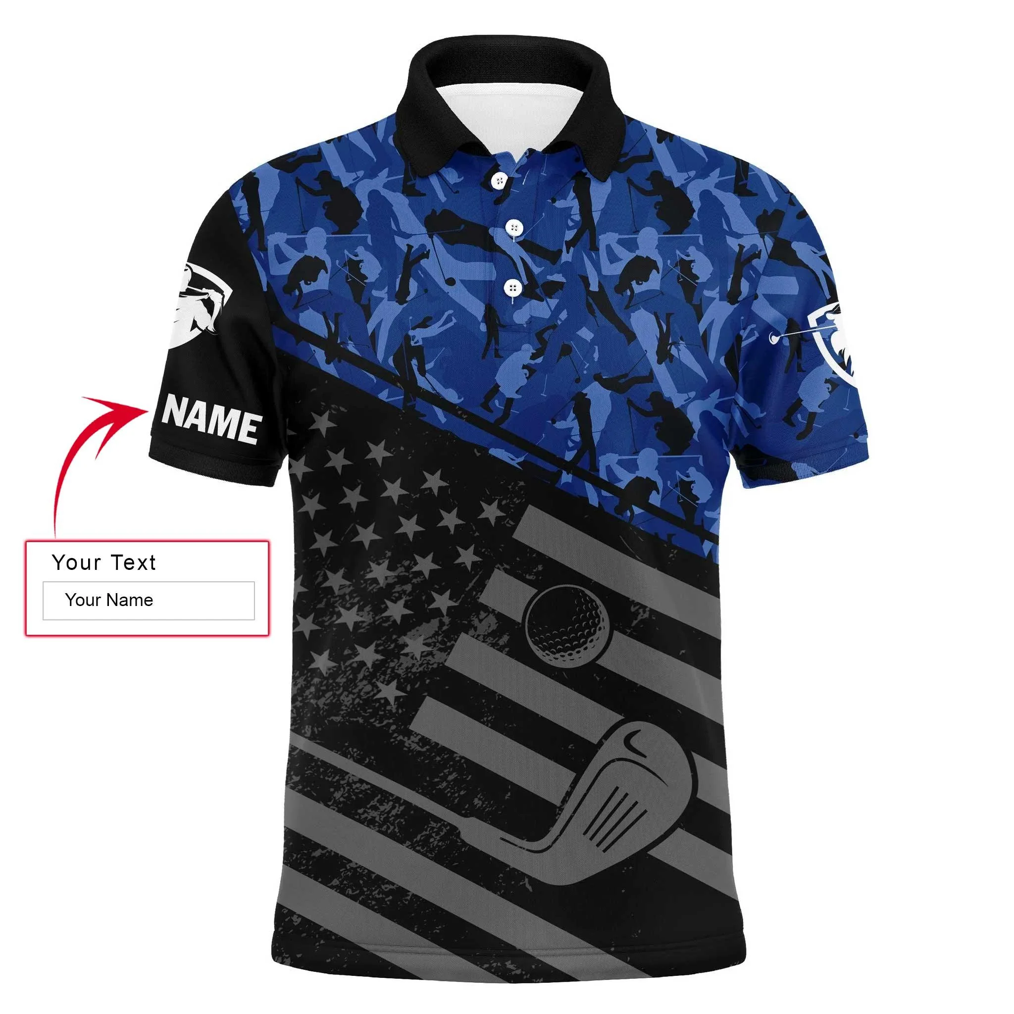 Custom Golf Long Sleeve Men Polo Shirt-Black American Flag Patriotic Camo Pattern Custom Name Apparel-Personalized Gift For Golf Lover, Team, 4th July - Image 5