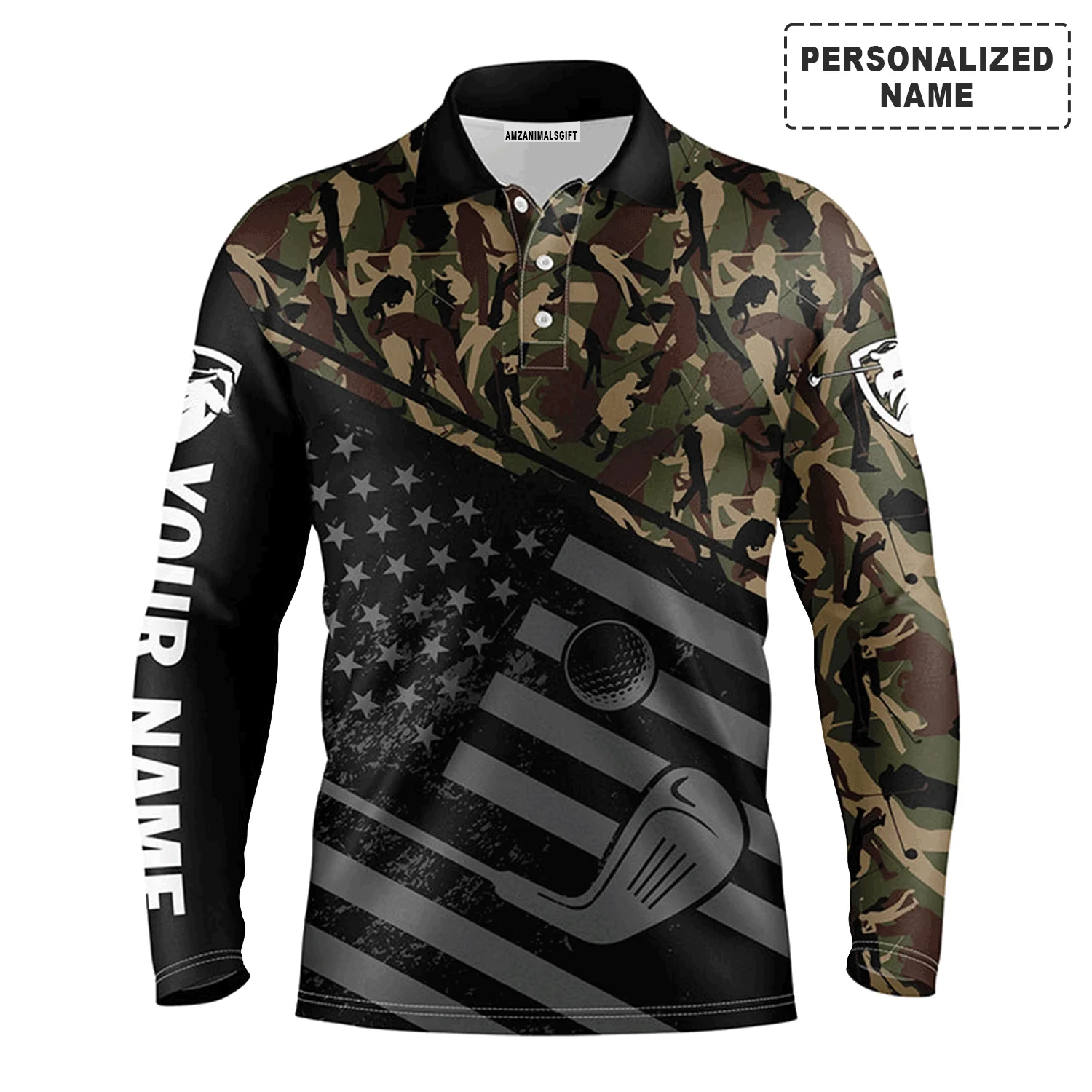 Custom Golf Long Sleeve Men Polo Shirt-Black American Flag Patriotic Camo Pattern Custom Name Apparel-Personalized Gift For Golf Lover, Team, 4th July - Image 7