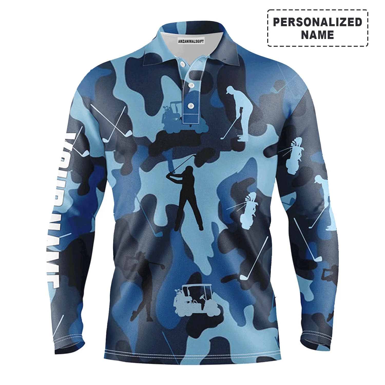 Custom Golf Long Sleeve Men Polo Shirt - Blue Camo Custom Name Apparel Men Polo Shirt - Personalized Gift For Golf Lover, Team, Golfers - Image 2