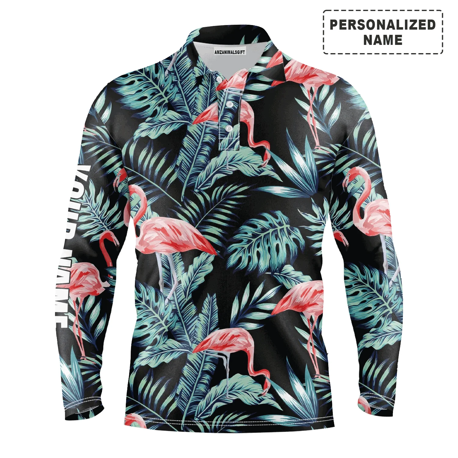 Custom Golf Long Sleeve Men Polo Shirt - Blue Forest Jungle Pattern Pink Flamingo Custom Name Apparel Men Polo Shirt - Perfect Polo Shirt For Men - Image 2