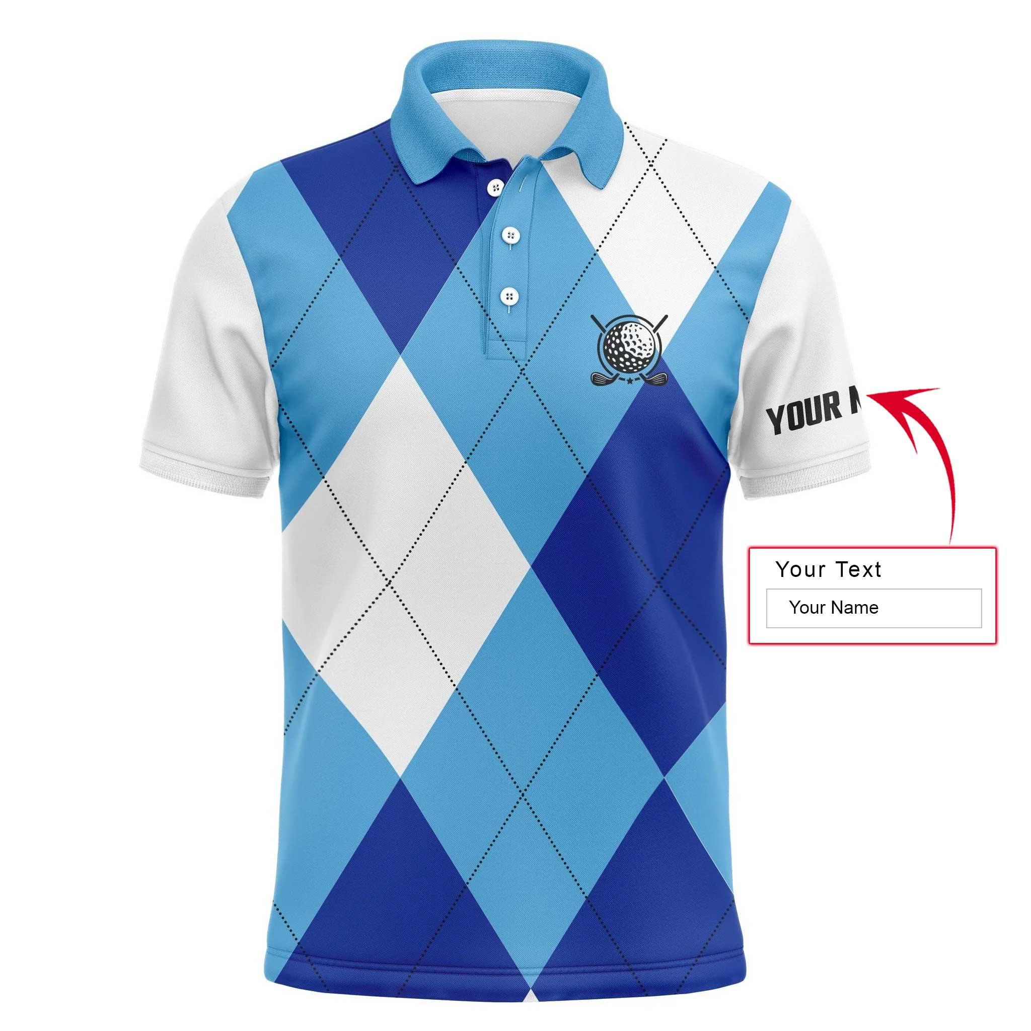 Custom Golf Long Sleeve Men Polo Shirt -Blue White Golf Pattern Custom Name Apparel-Personalized Gift For Golf Lover, Team, Golfer, Husband, Boyfriend - Image 3