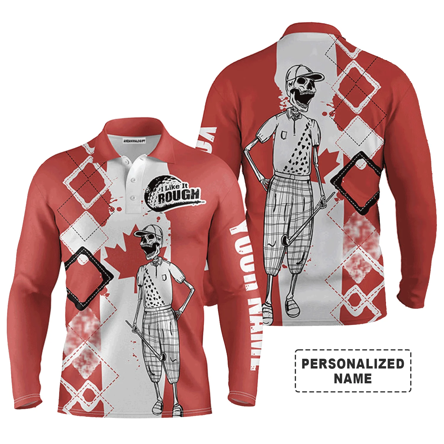 Custom Golf Long Sleeve Men Polo Shirt - Canada Flag Custom Name Apparel - Skull I Like It Rough Men Golf Polo Shirt For Men, Golf Lover - Image 2