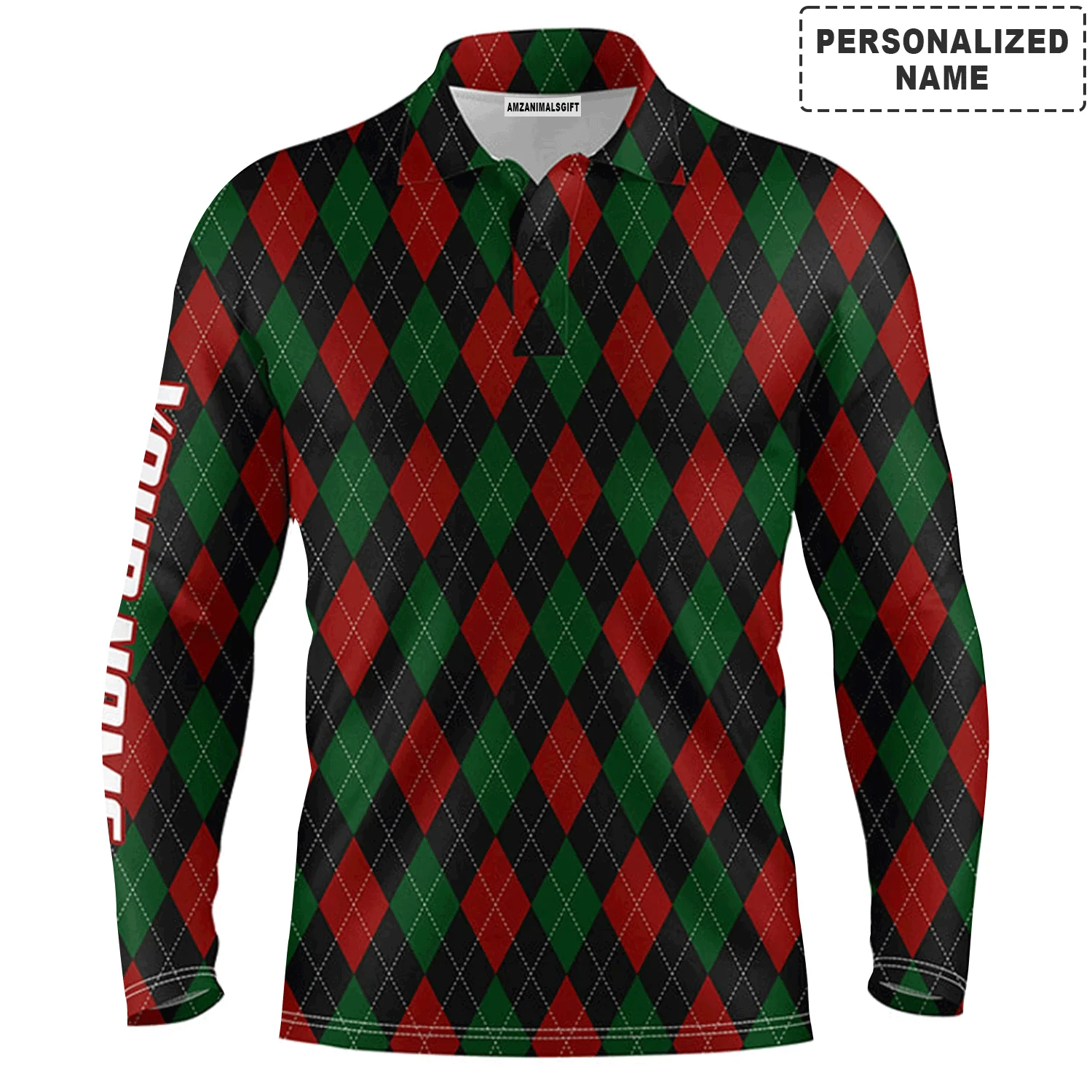 Custom Golf Long Sleeve Men Polo Shirt - Christmas Plaid Argyle Pattern Custom Name Apparel - Personalized Gift For Men, Golf Lover - Image 2