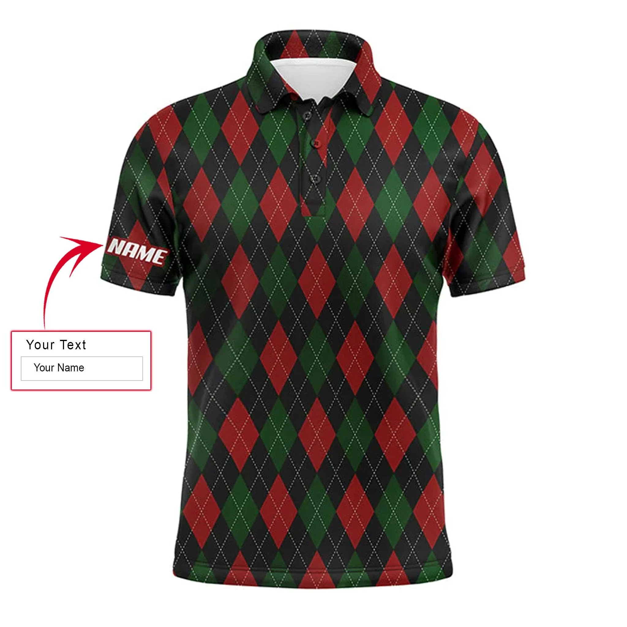 Custom Golf Long Sleeve Men Polo Shirt - Christmas Plaid Argyle Pattern Custom Name Apparel - Personalized Gift For Men, Golf Lover - Image 3