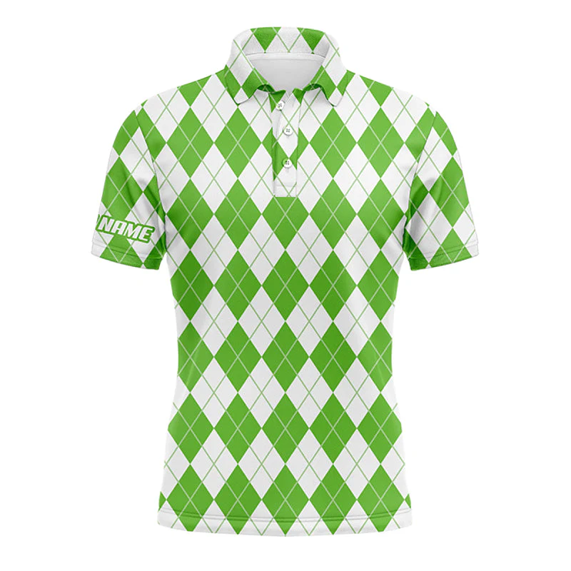 Custom Golf Long Sleeve Men Polo Shirt - Christmas Plaid Green And White Argyle Pattern Custom Name Polo Shirt For men, Golf Lover - Image 3