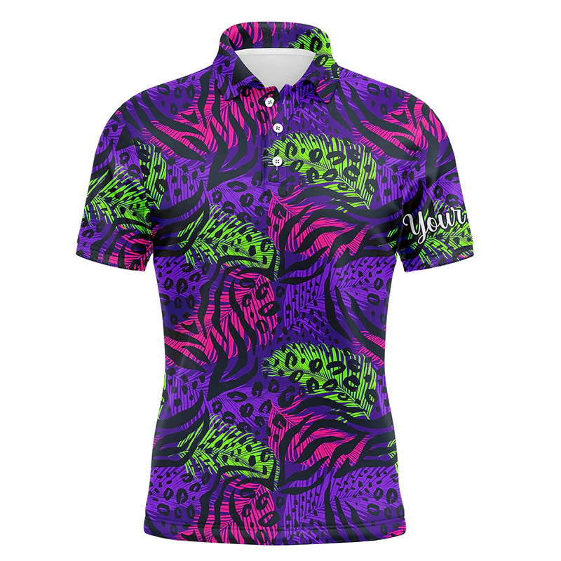 Custom Golf Long Sleeve Men Polo Shirt - Colorful Purple Tropical Background Custom Name Black - Personalized Gift For Golf Lover, Team, Golfers - Image 3