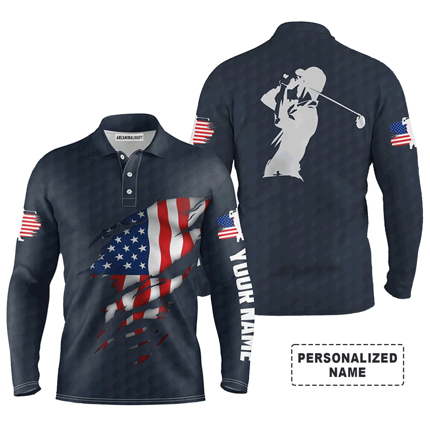 Custom Golf Long Sleeve Men Polo Shirt - Custom Name American Flag Apparel - Personalized Gift For Men, Golf Lover, 4th Of July - Image 8