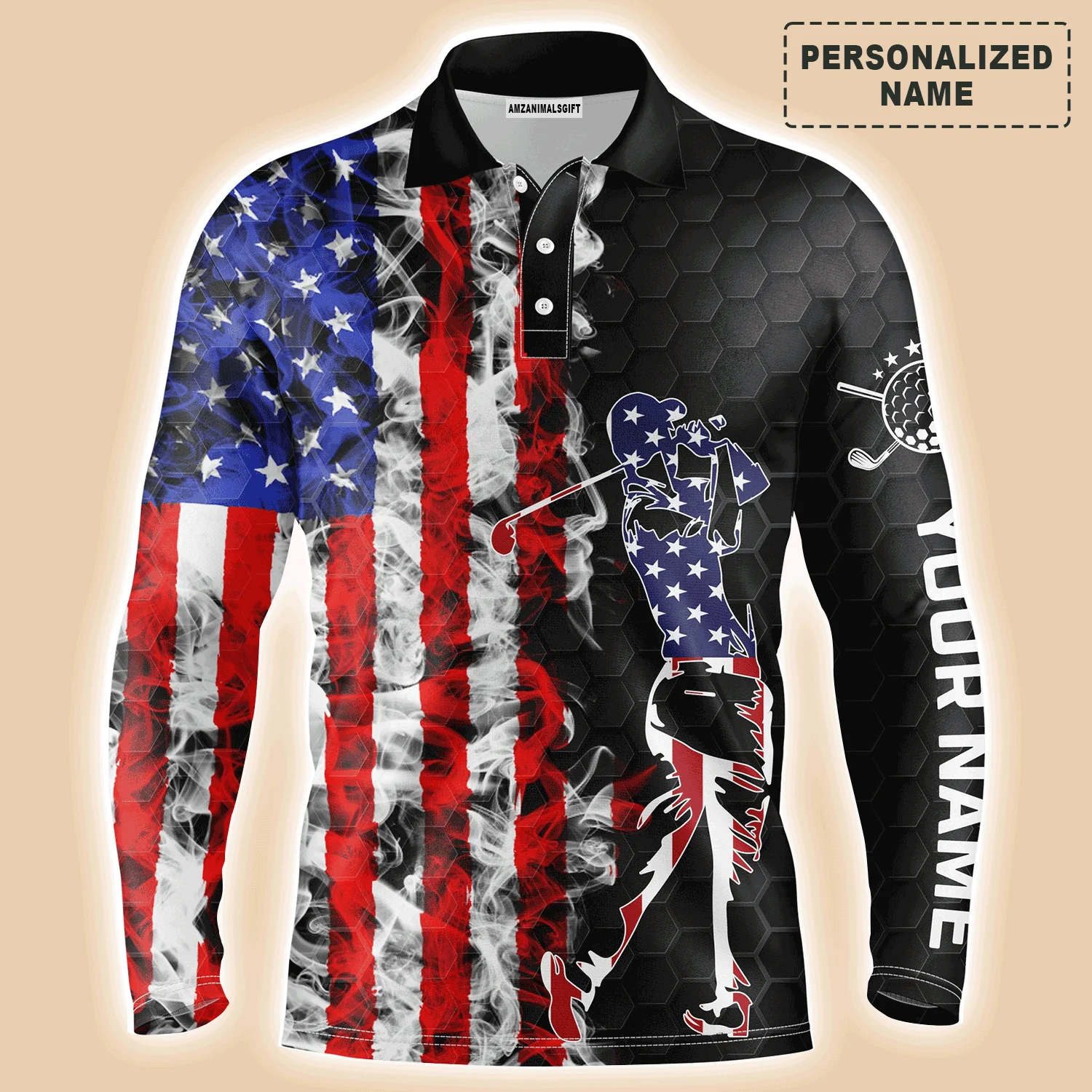Custom Golf Long Sleeve Men Polo Shirt- Custom Name American Flag Black Apparel Men Golf Polo Shirt- Perfect Polo Shirt For Men, Golf Lover
