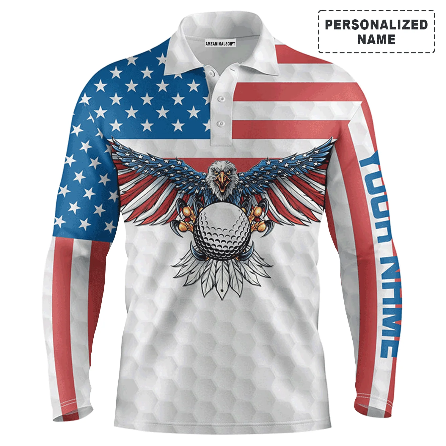 Custom Golf Long Sleeve Men Polo Shirt - Custom Name American Flag Eagle Golf Ball Apparel Polo Shirt - Personalized Gift For Men, Golf Lover - Image 2