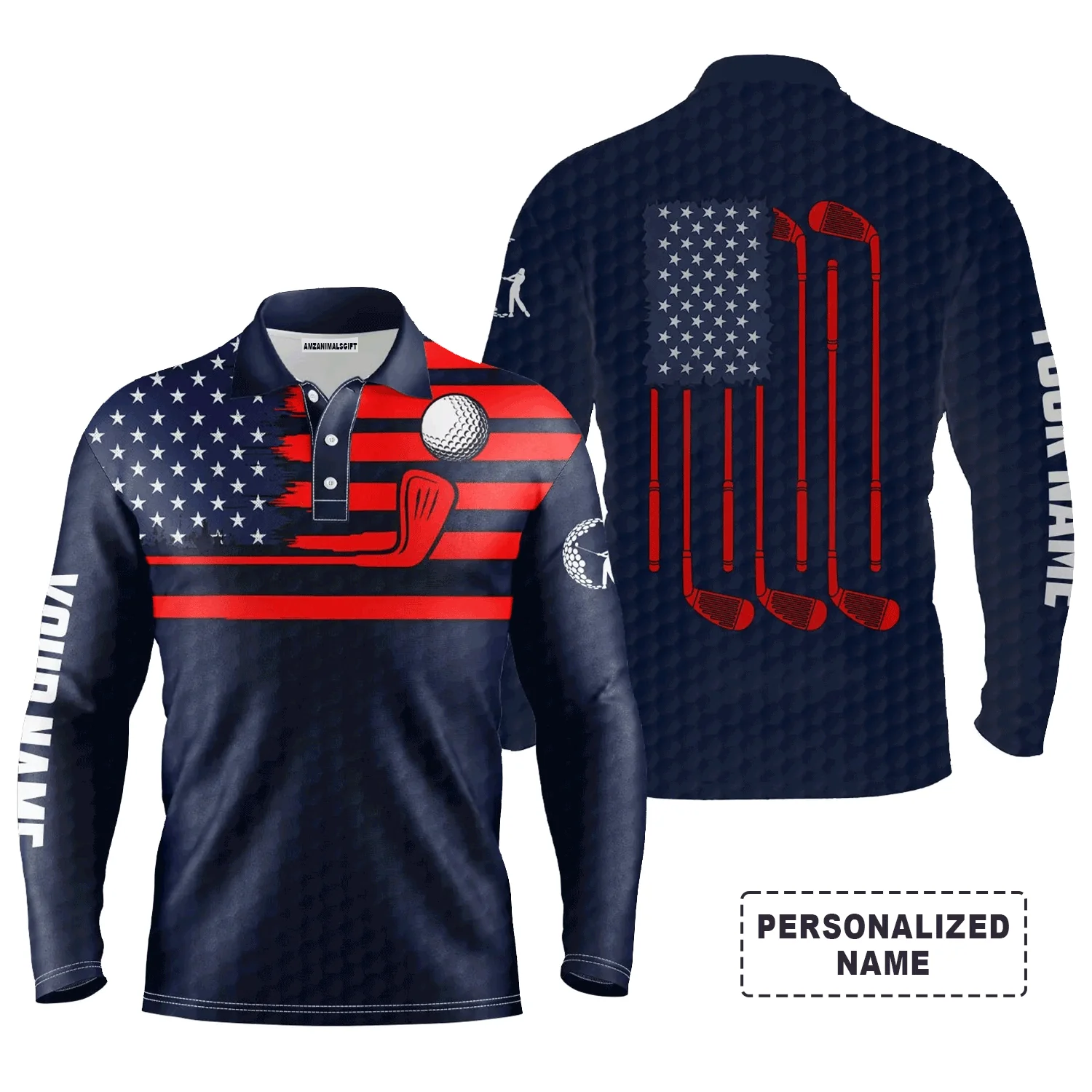 Custom Golf Long Sleeve Men Polo Shirt - Custom Name American Flag Patriotic Apparel, Perfect Gift For Men, Golf Lover - Image 8