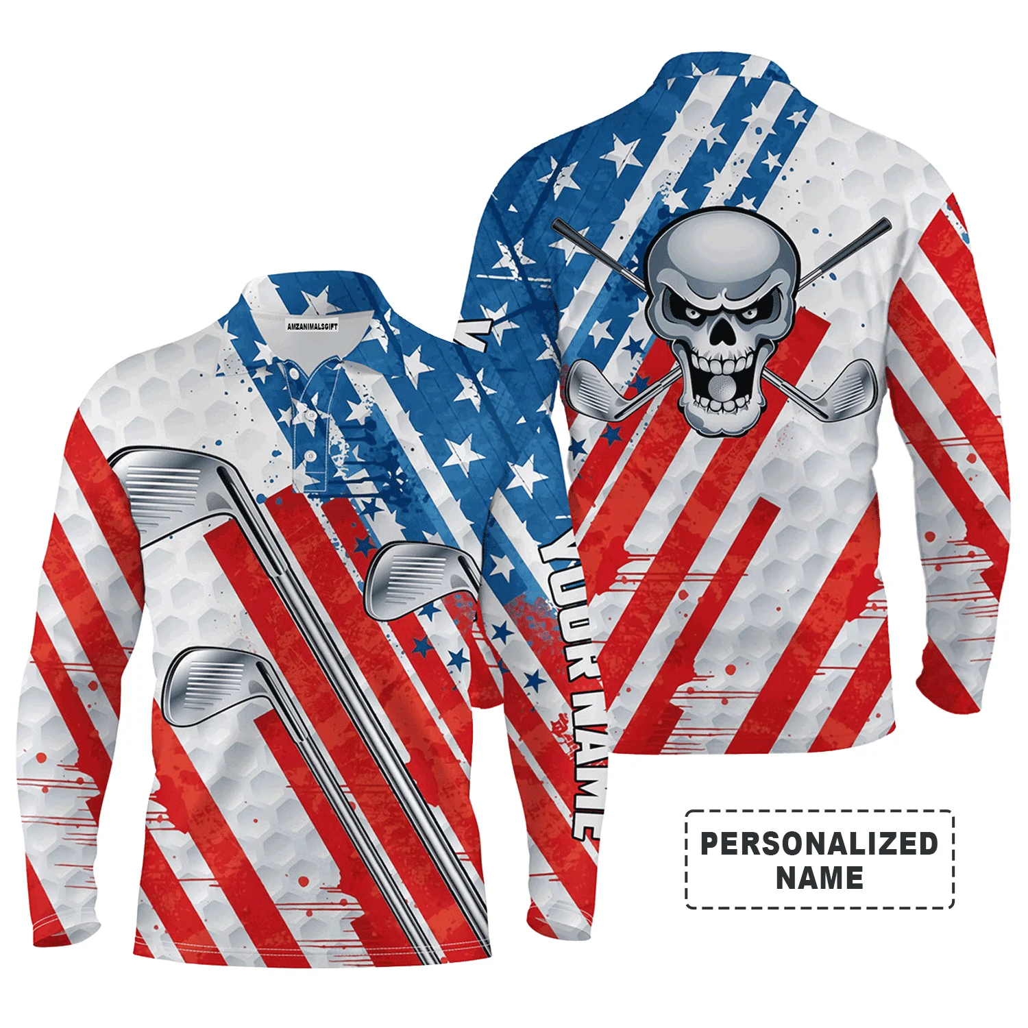 Custom Golf Long Sleeve Men Polo Shirt, Custom Name American Flag Skull Patriotic Golf Clubs Apparel - Perfect Gift For Men, Golf Lovers - Image 2