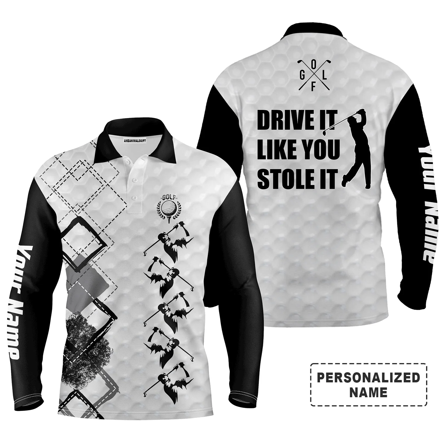 Custom Golf Long Sleeve Men Polo Shirt - Custom Name Black And White Apparel, Drive It Like You Stole It Men Golf Polo Shirt For Golf Lover - Image 2