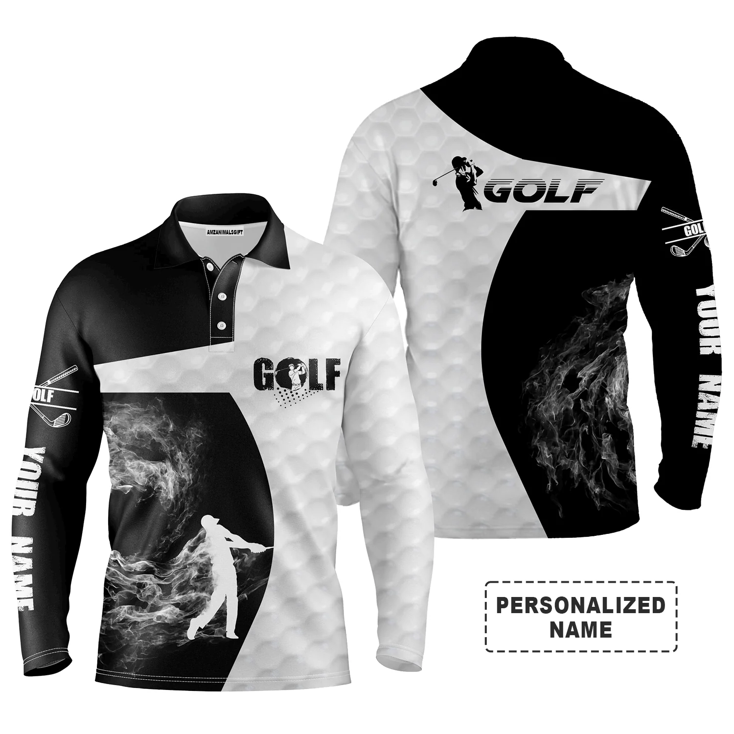 Custom Golf Long Sleeve Men Polo Shirt - Custom Name Black and White Apparel - Personalized Gift For Men, Golf Lover - Image 2