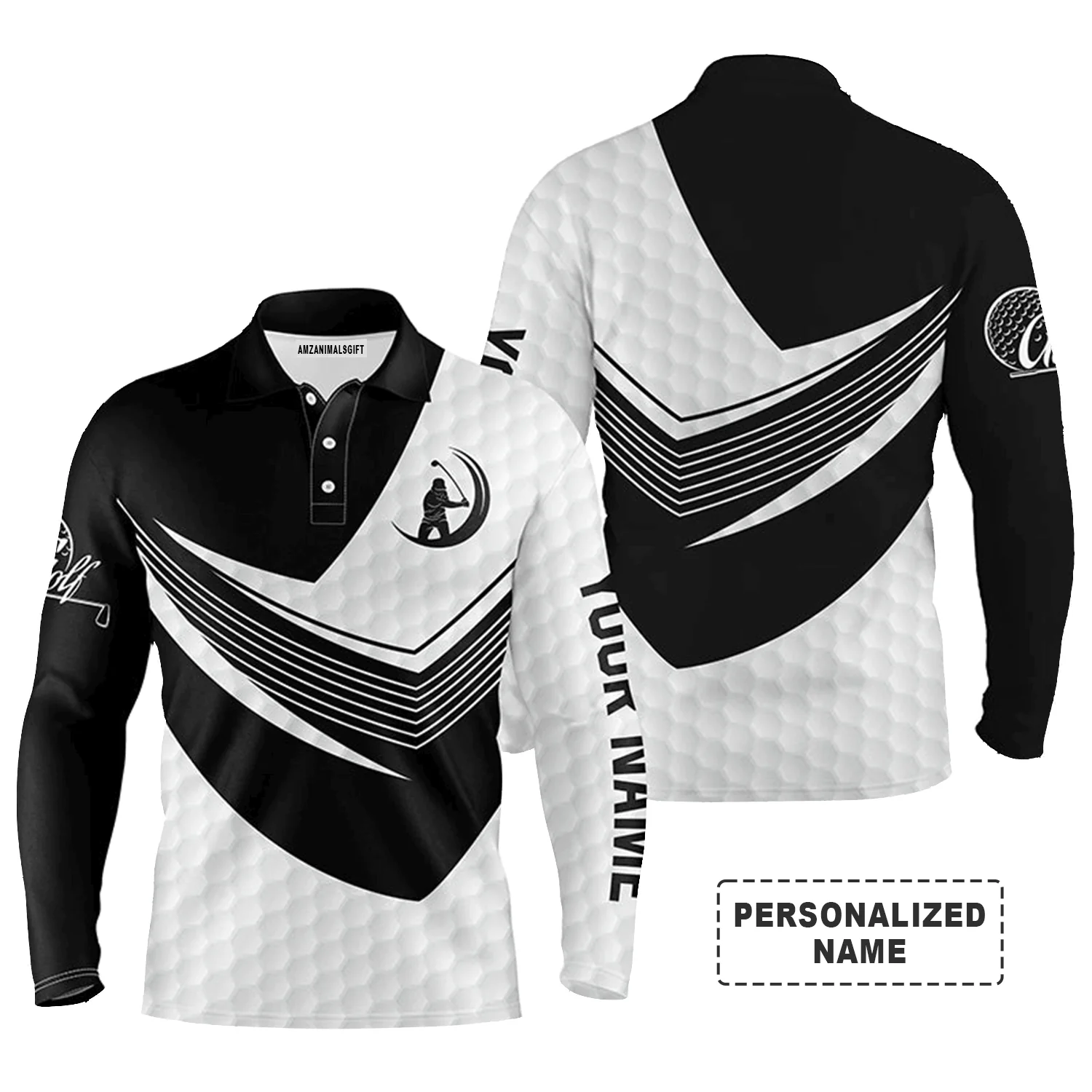 Custom Golf Long Sleeve Men Polo Shirt - Custom Name Black And White Golf Balls Skin Apparel Men Polo Shirt - Personalized Gift For Men, Golf Lover - Image 3